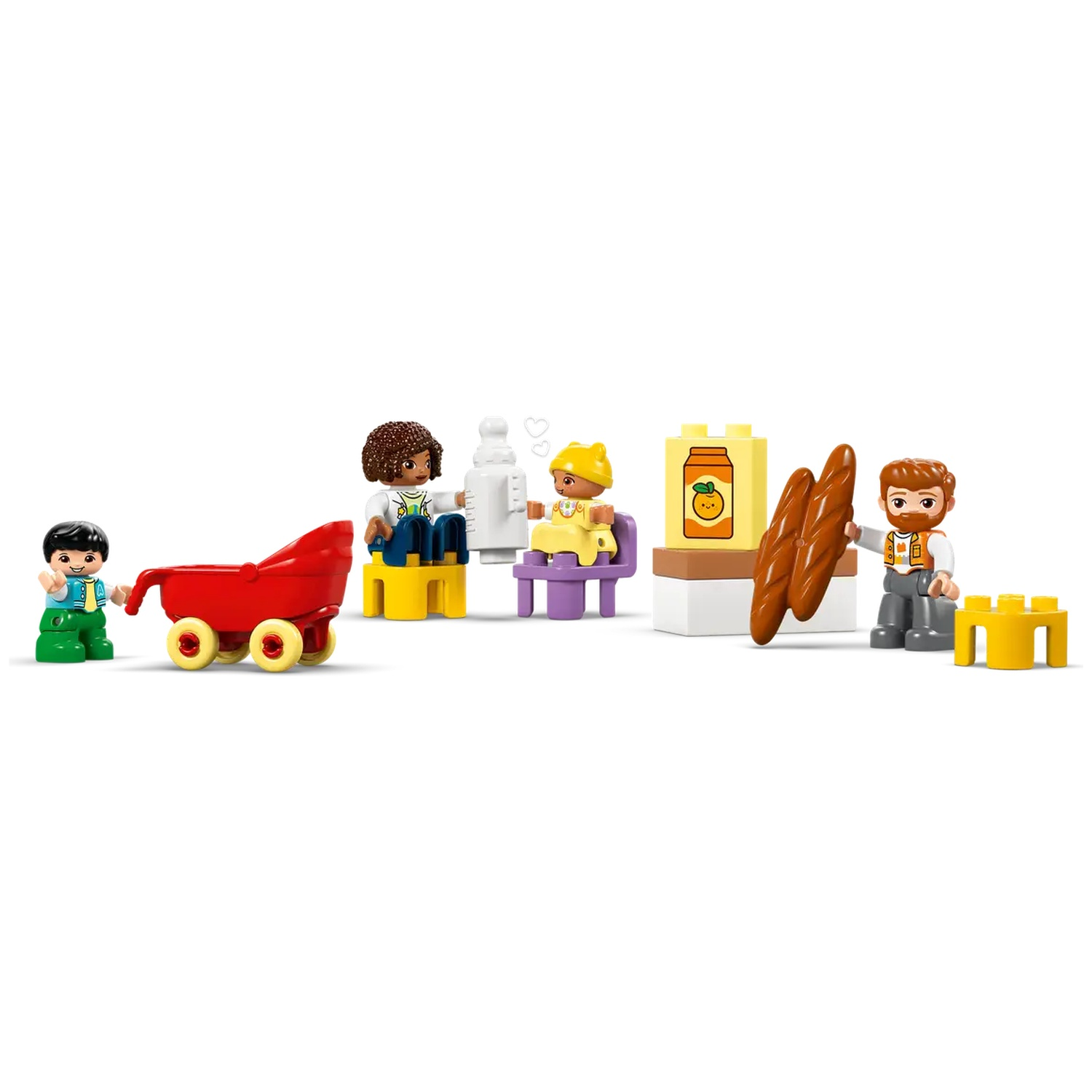 Ensemble Lego Duplo avec des figurines, une charrette rouge, du pain et des boîtes de jus. Les figurines comprennent des enfants et des adultes. Fond blanc.