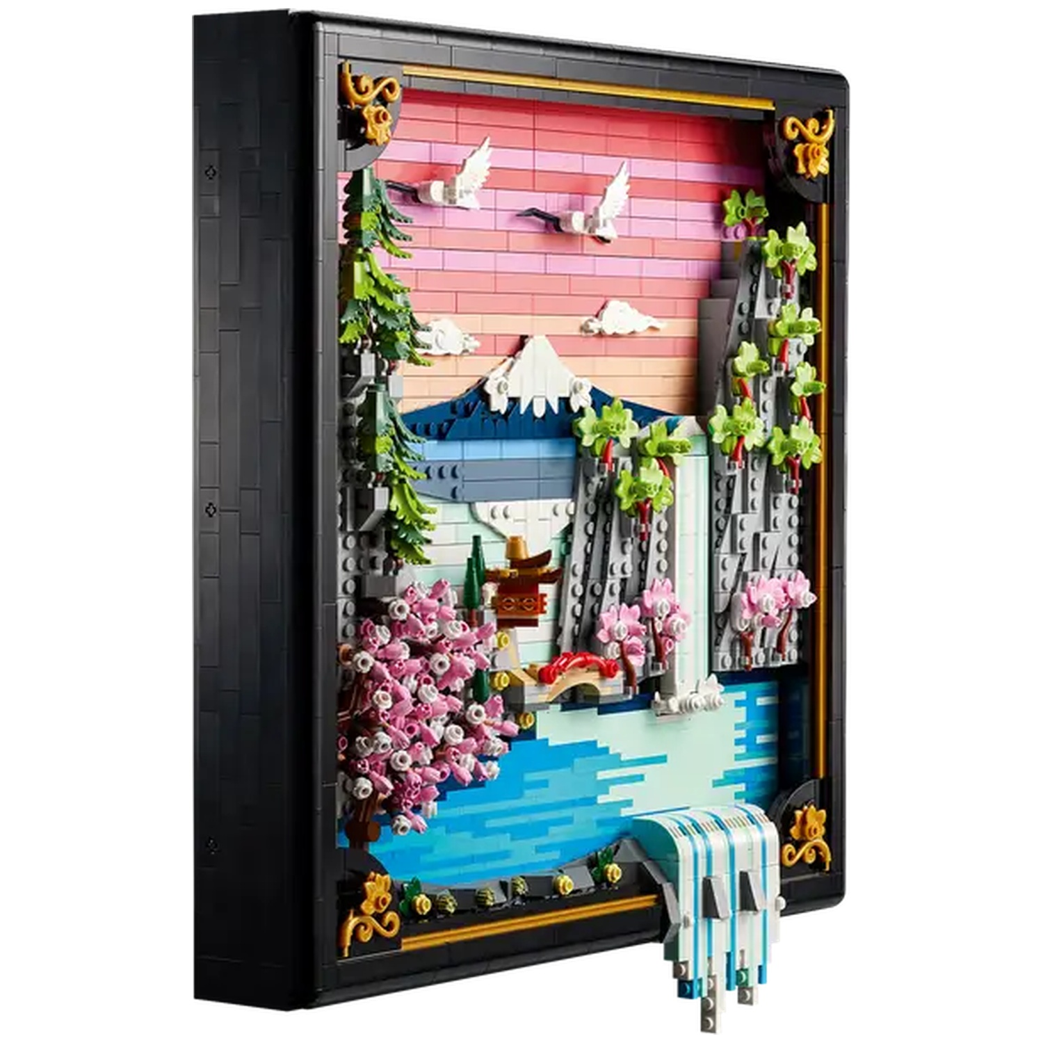 Lego diorama of a Japanese landscape. Includes a waterfall, mountains, cherry blossoms, and birds. Framed in black.