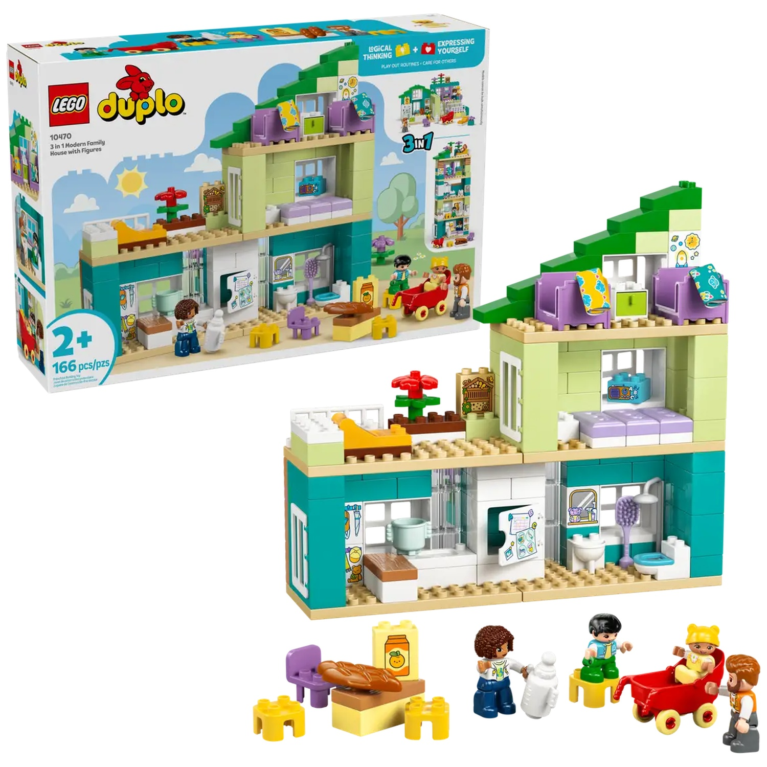 Un ensemble Lego Duplo. Une maison familiale 3-en-1 avec des figurines. Comprend une maison, des meubles et des membres de la famille. Couleurs vives.