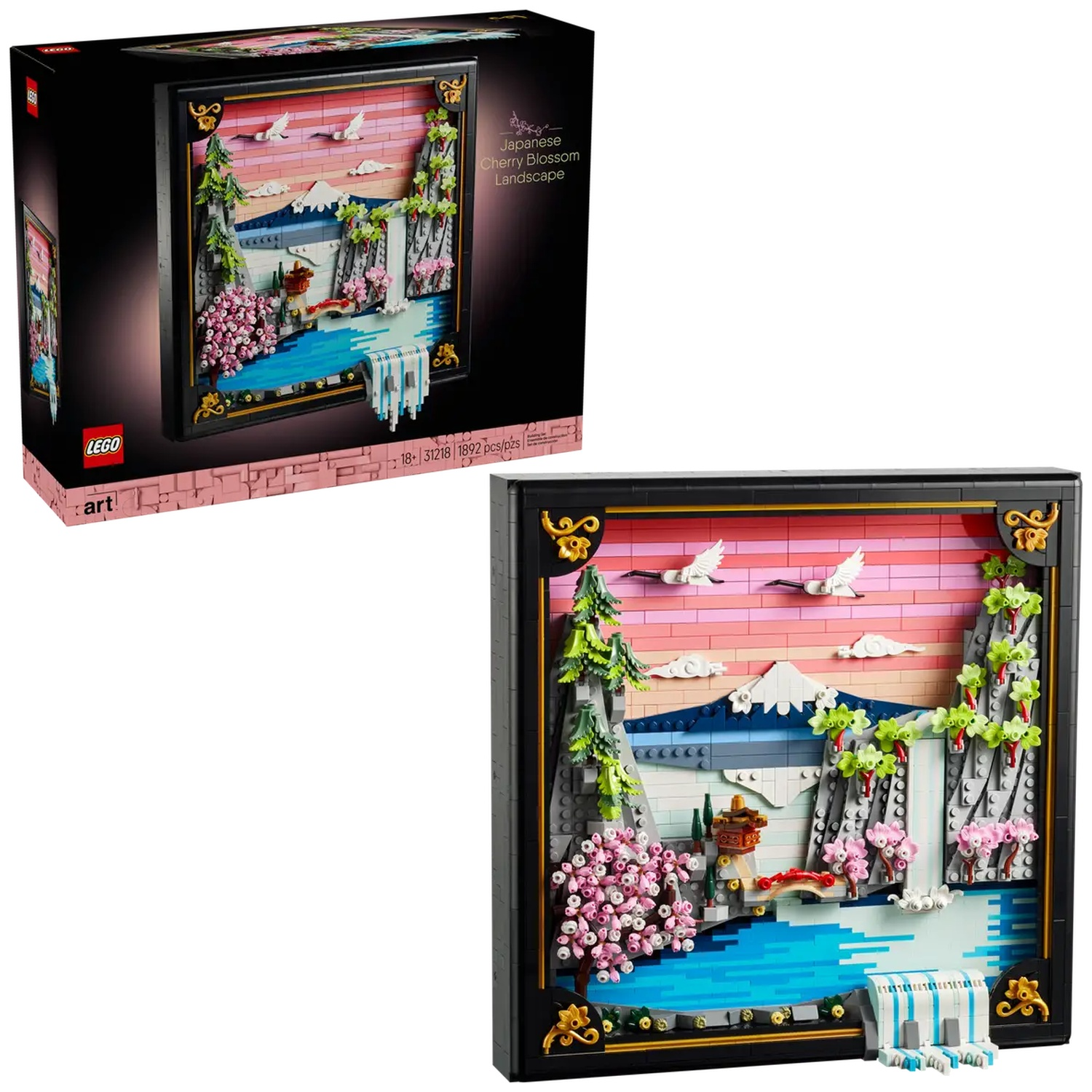 Lego set depicting a Japanese landscape with cherry blossoms, a waterfall, and mountains, displayed in a black frame.