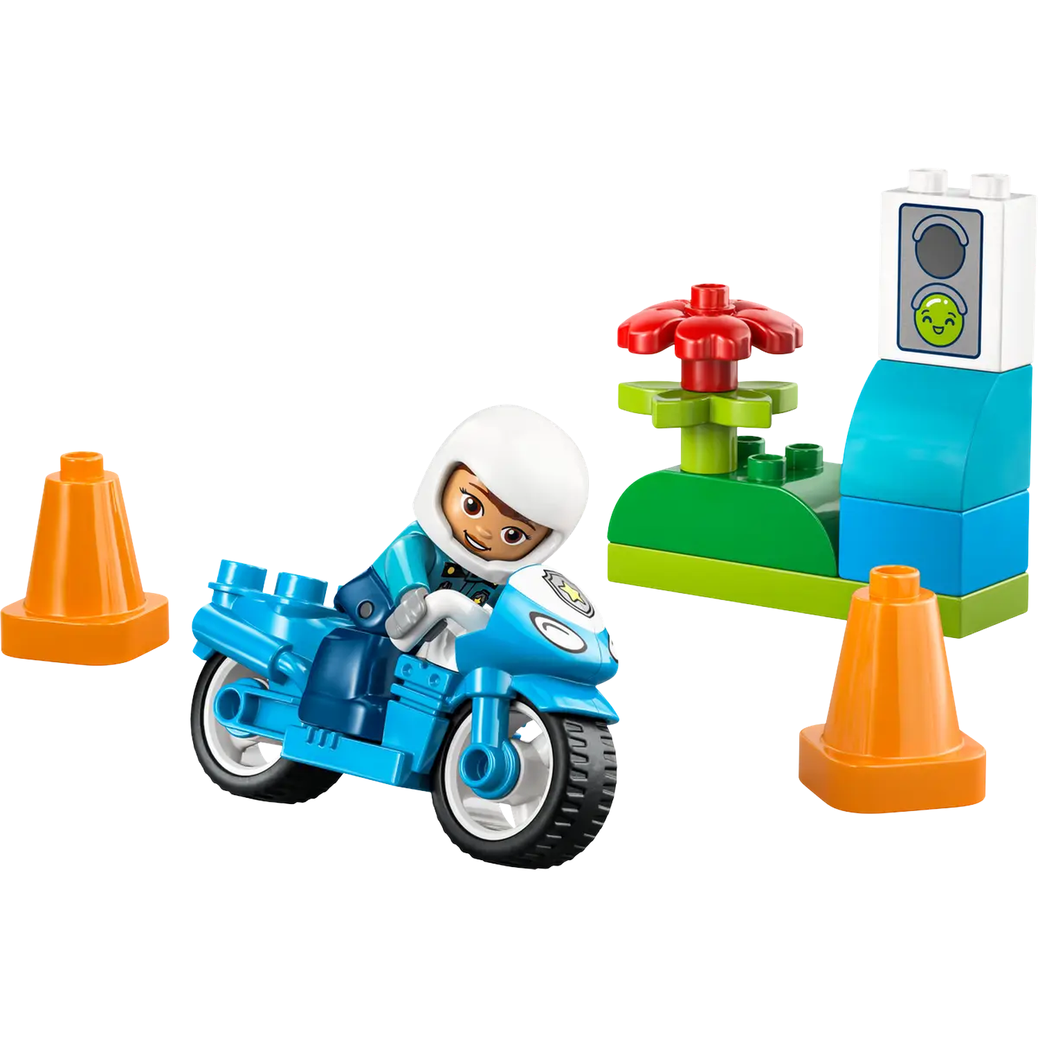 Une moto jouet bleue avec un pilote, deux cônes oranges et un feu tricolore sur fond blanc. Le pilote sourit.