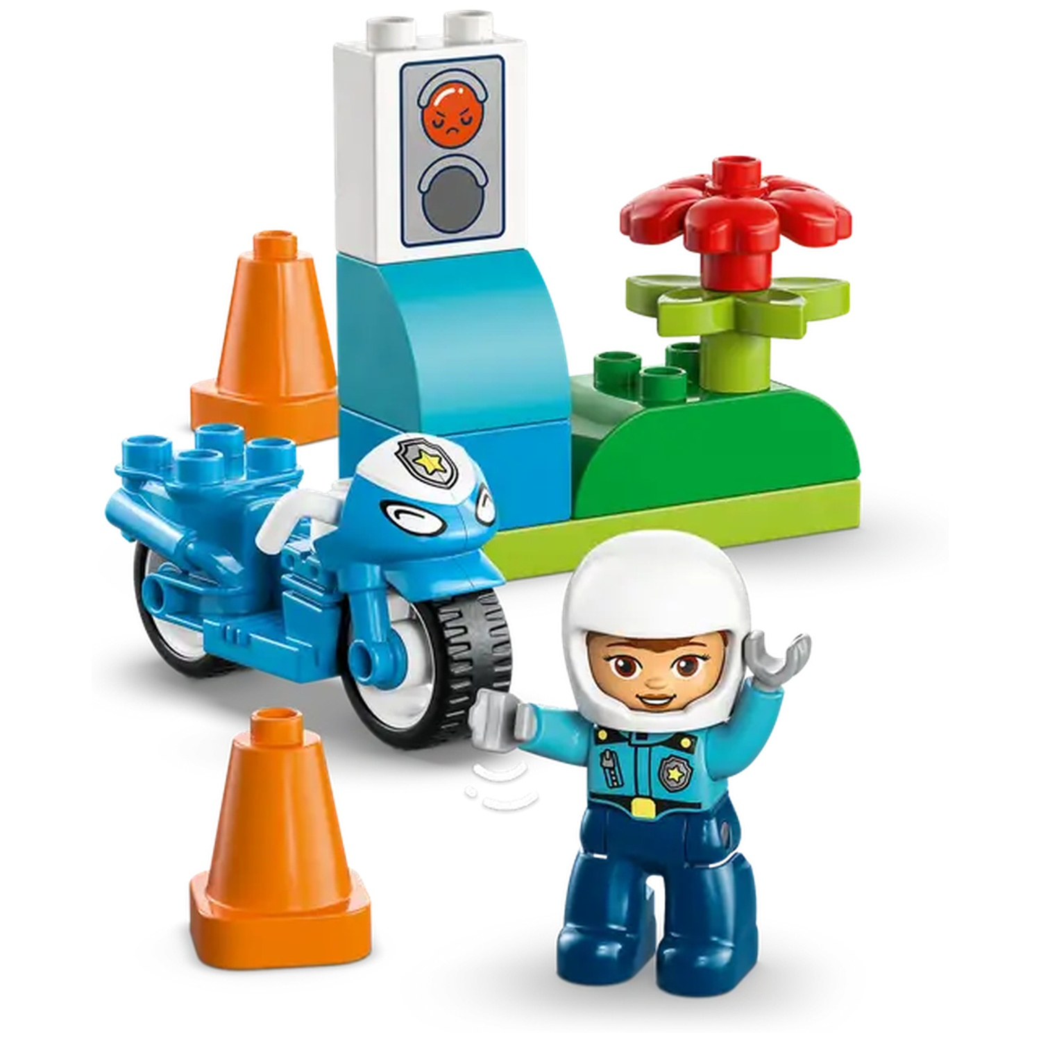 Un policier Lego avec une moto, des cônes de signalisation, une fleur et un feu de circulation. L'officier salue.