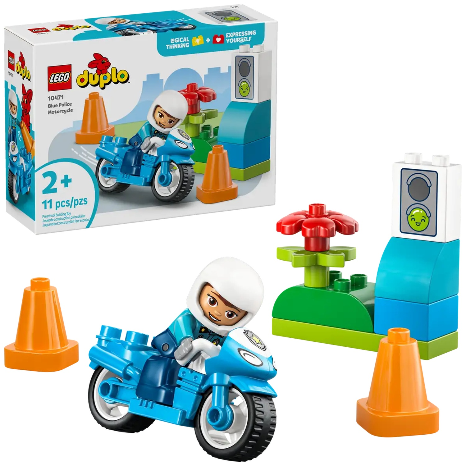Un ensemble Lego Duplo avec une moto de police bleue, une figurine, des cônes de signalisation et un feu tricolore sur fond blanc.
