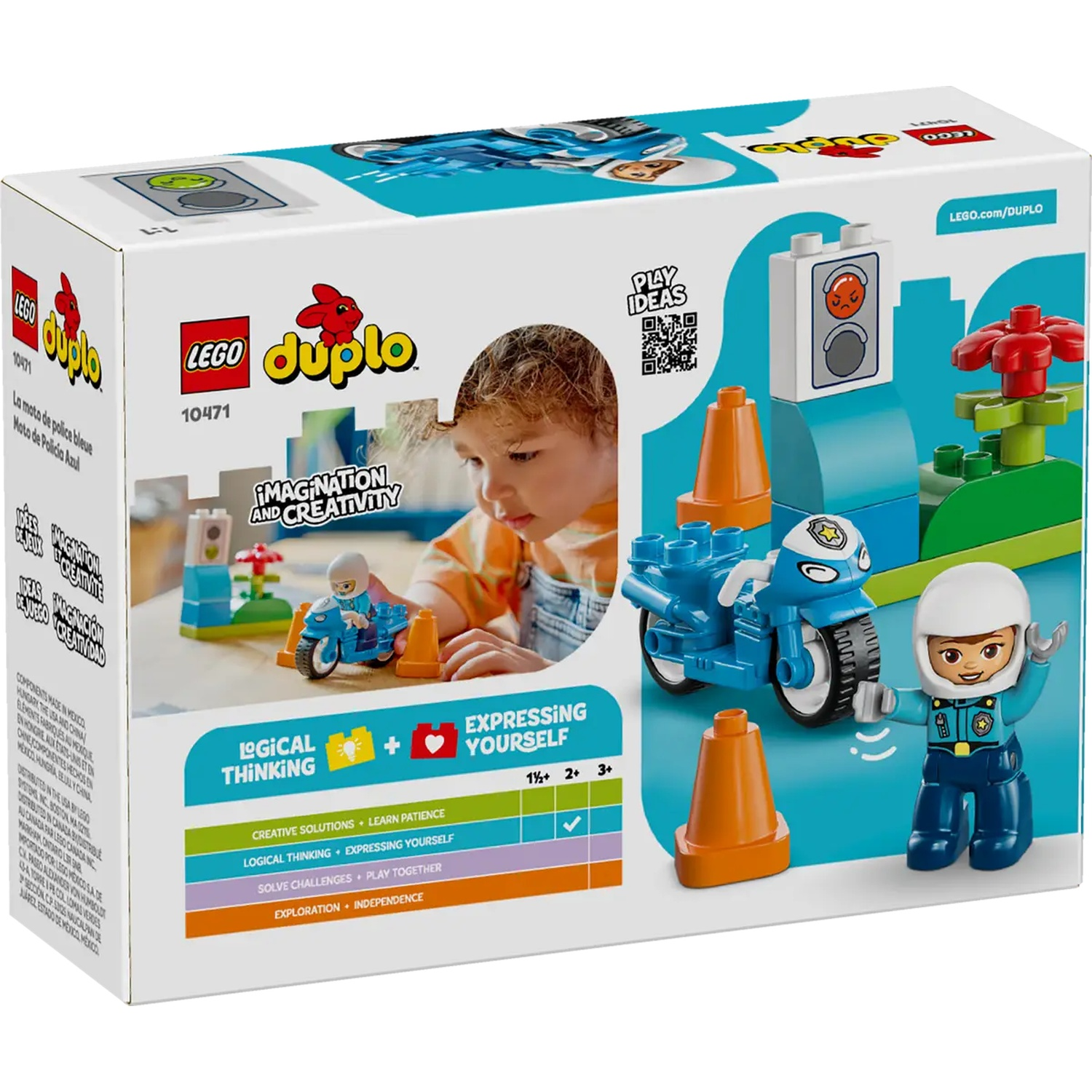 La boîte Lego Duplo montre un garçon avec une moto jouet. Elle présente un policier, des cônes et un feu tricolore sur fond bleu.