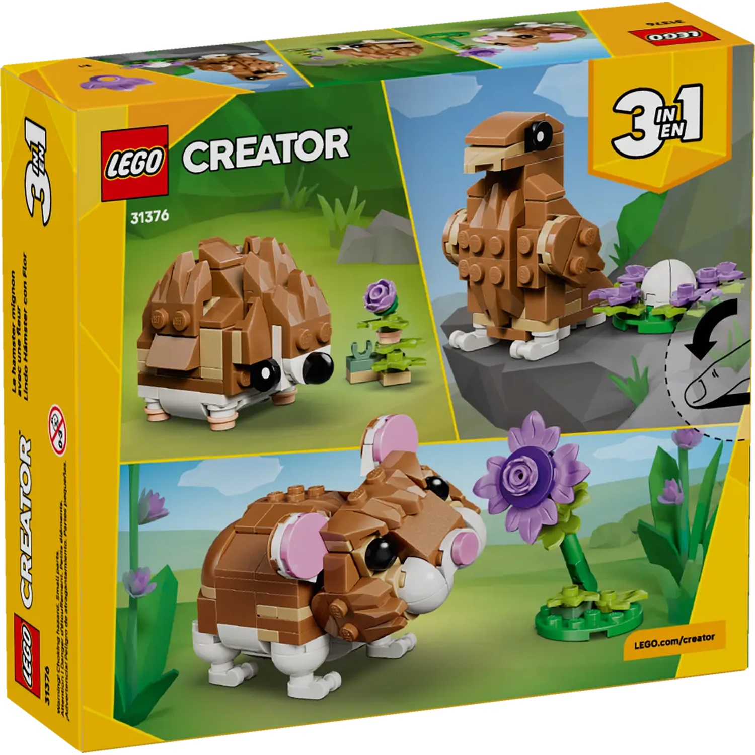 Een Lego Creator 3-in-1 doos toont drie hamstermodellen en bloemen. De doos is geel met het Lego- en Creator-logo en het nummer 31376.