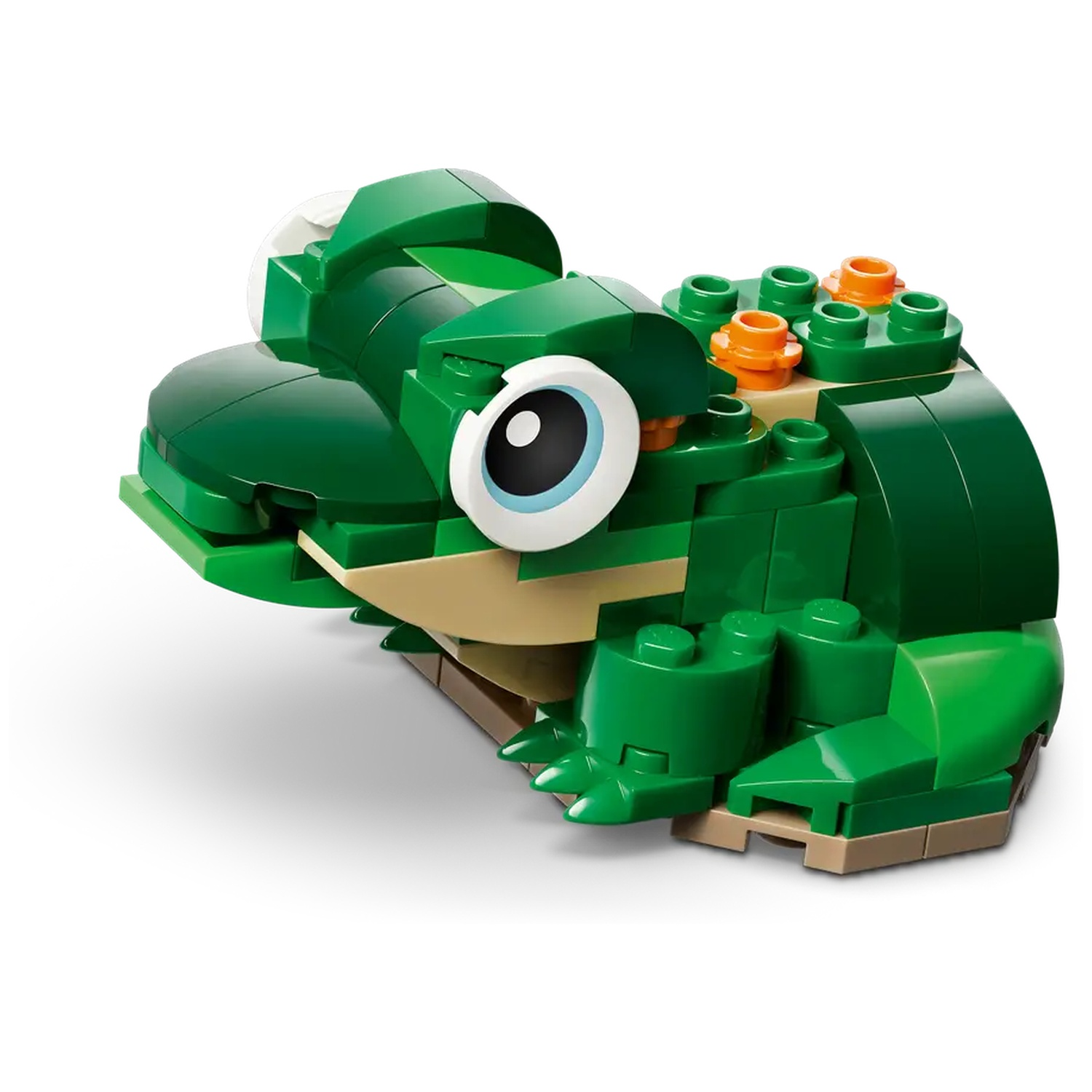 A Lego frog made of green and beige blocks, with large eyes. It is on a white background, with orange details on its back.