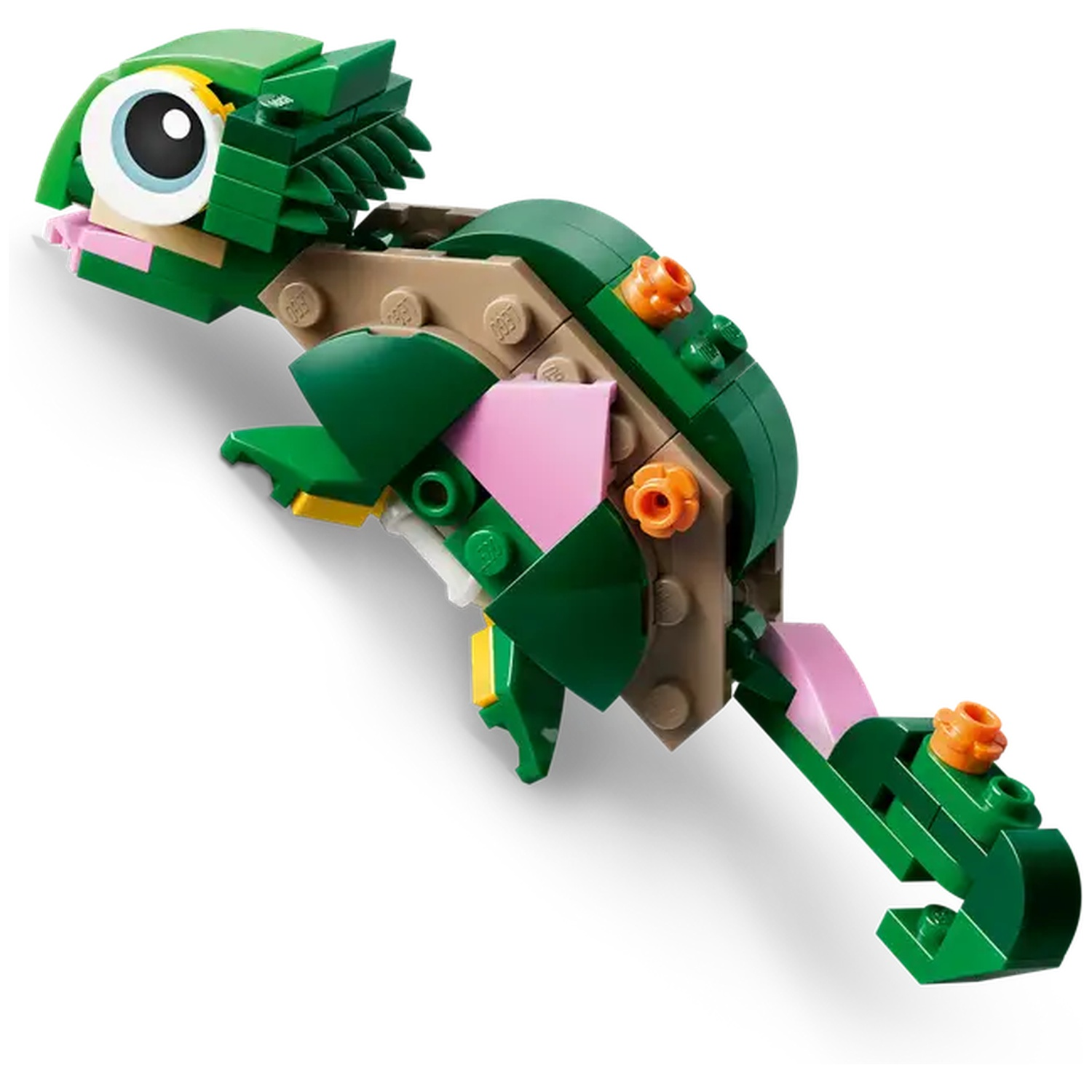 A Lego chameleon constructed from various green, pink, and tan blocks. It has a large eye and a curled tail, positioned on a white surface.
