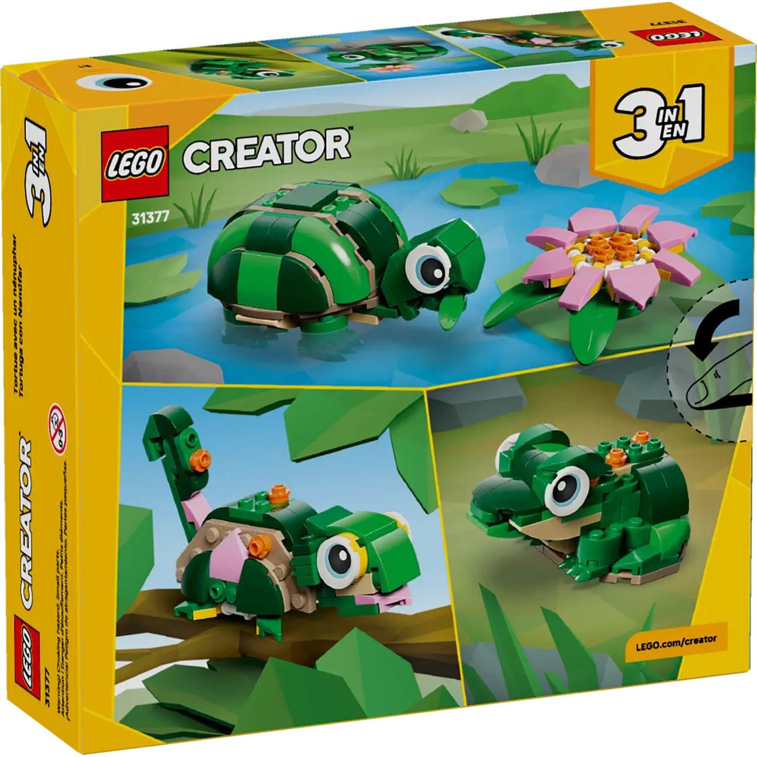Lego Creator box showing a green turtle, a pink flower, and a green frog. The box is yellow and has the Lego logo.