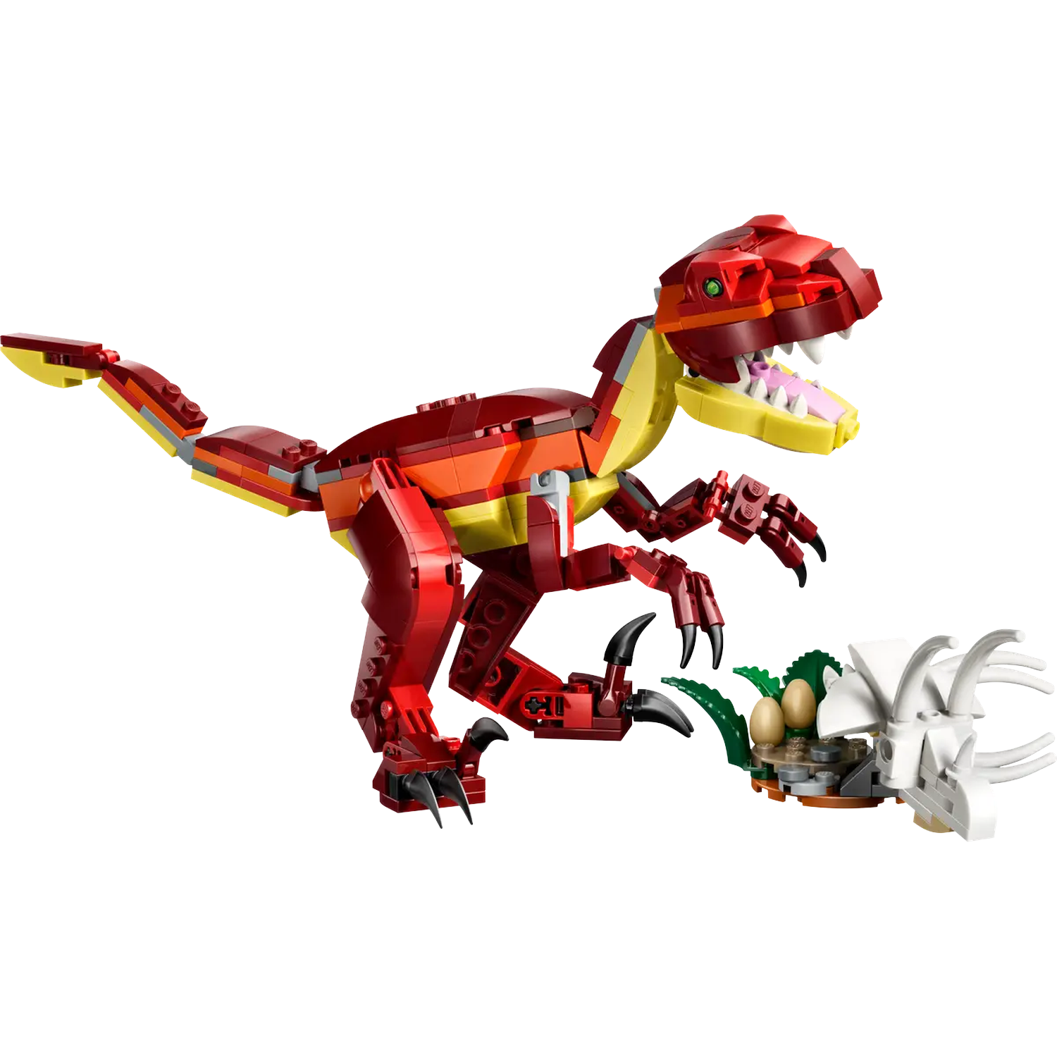 Een Lego-dinosaurus in rood, geel en oranje, met een witte schedel en eieren op de achtergrond. De dinosaurus brult.
