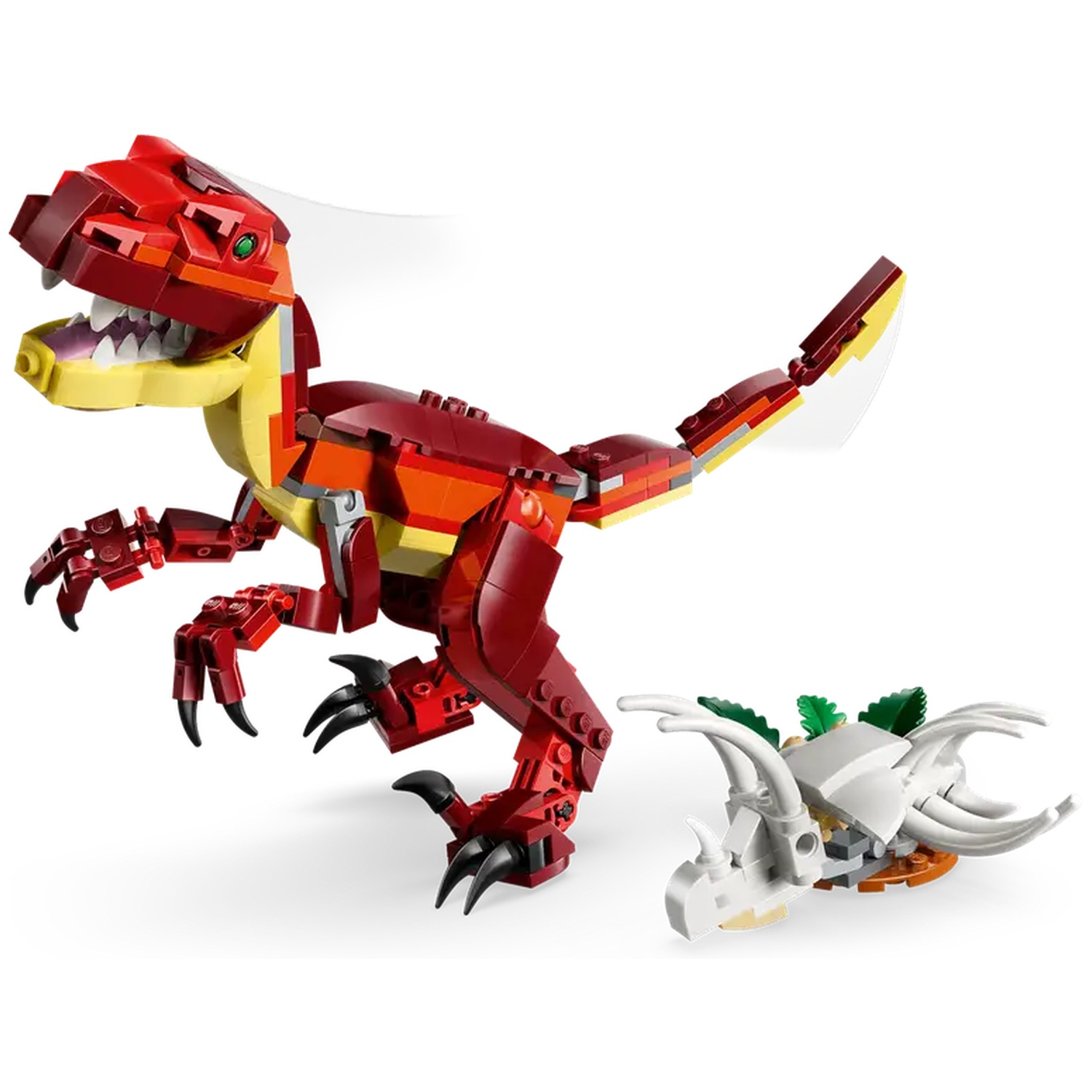 Een rode Lego-dinosaurus met gele buik en een witte Lego Triceratops op een witte achtergrond.