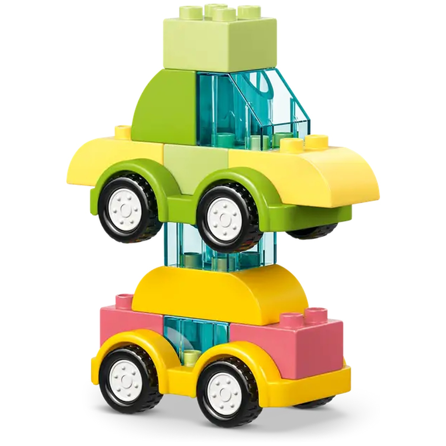 Deux voitures jouets empilées. La voiture du haut est verte et jaune. La voiture du bas est rose et jaune. Les deux ont des roues noires.