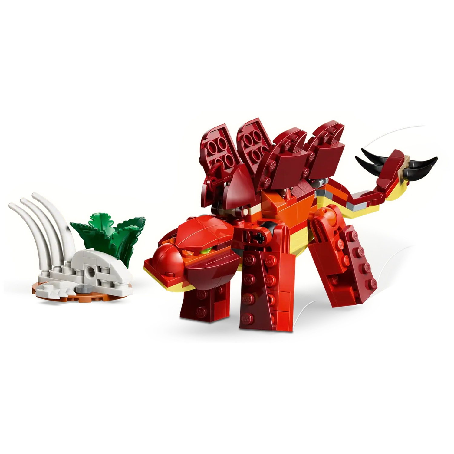 Een Lego dinosaurus in rood en oranje, met een kleine witte en groene structuur links, tegen een witte achtergrond.
