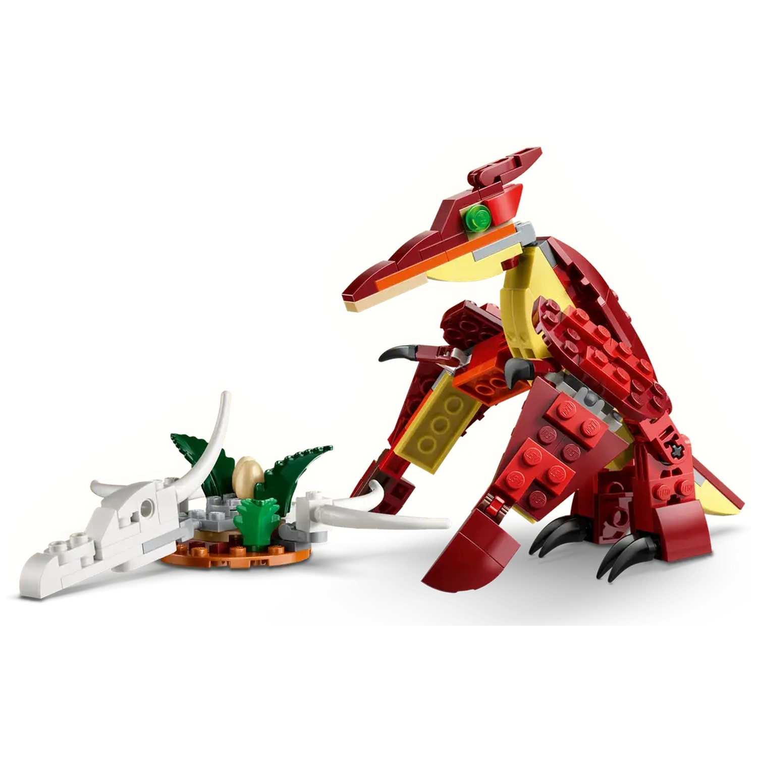 Een Lego-dinosaurus met rode, gele en zwarte onderdelen staat in de buurt van een nest met eieren en een wit dinosaurus skelet.