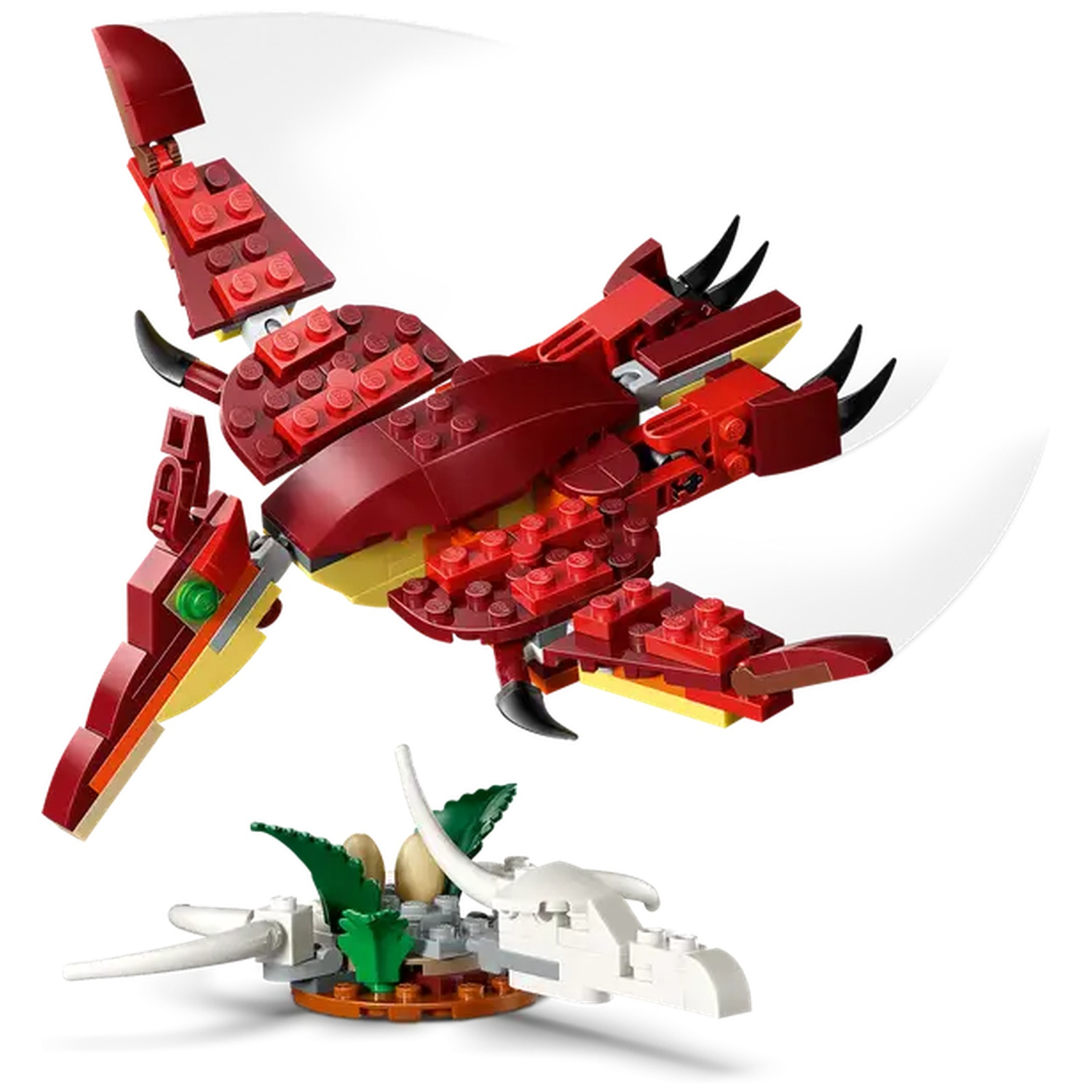 Een Lego pterodactylusmodel in rood, geel en zwart, met een nest eronder. De pterodactylus is in volle vlucht met gespreide vleugels.