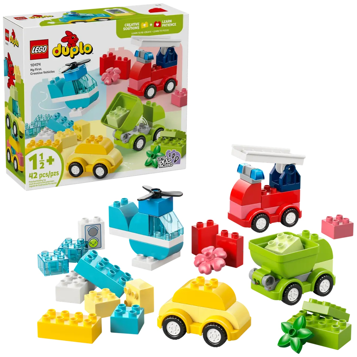 Un ensemble Lego Duplo avec des blocs et des véhicules. Comprend un hélicoptère, une voiture, un camion et d'autres blocs colorés.