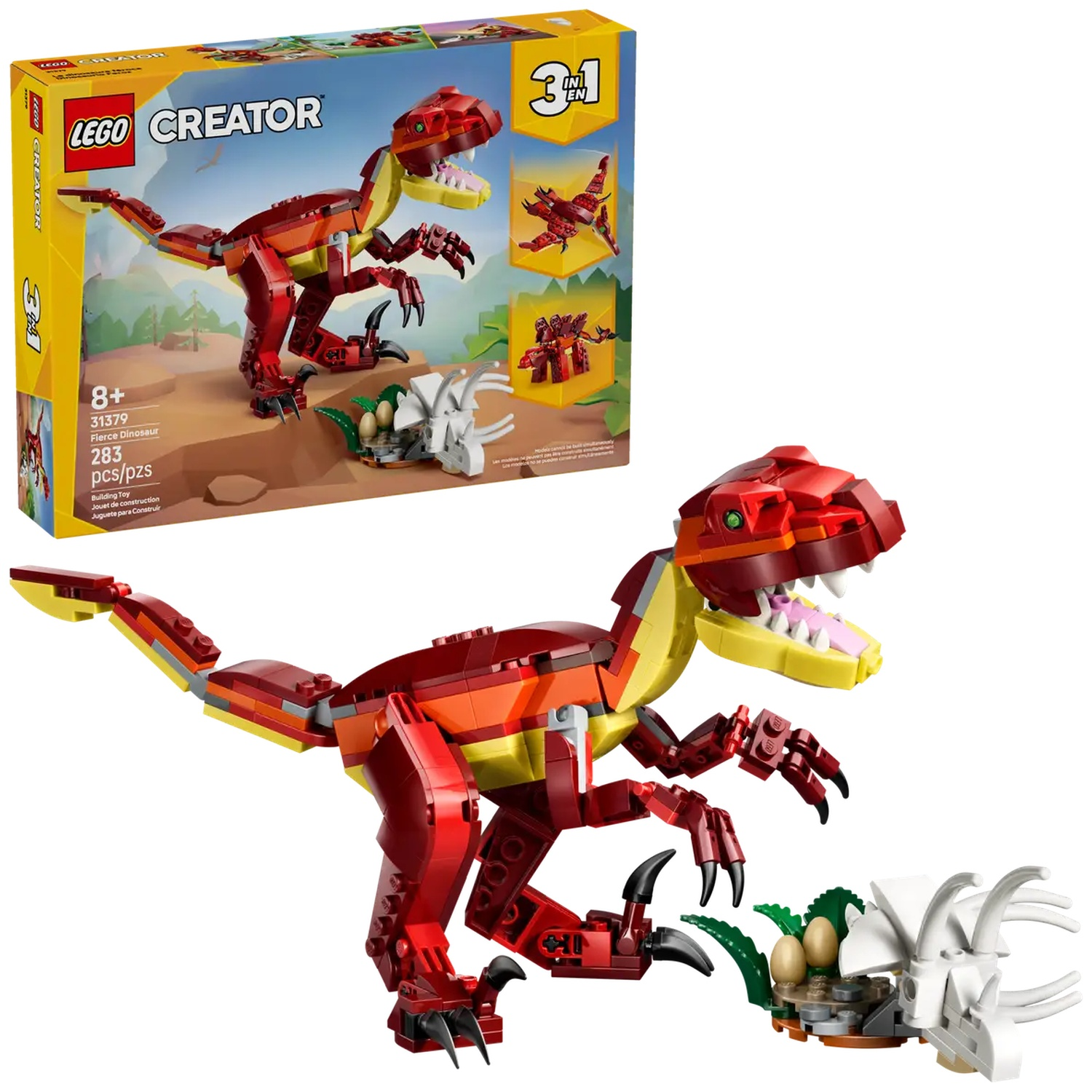 Een Lego Creator 3-in-1 set toont een rood en gele dinosaurus met een nest en eieren. De doos toont de dinosaurus en twee alternatieve bouwwerken.