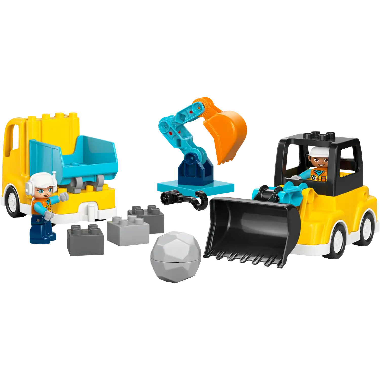 Un ensemble de construction de jouets avec un camion, une excavatrice et des figurines de conducteurs. Comprend des blocs et un rocher gris. L'excavatrice a une pelle orange.