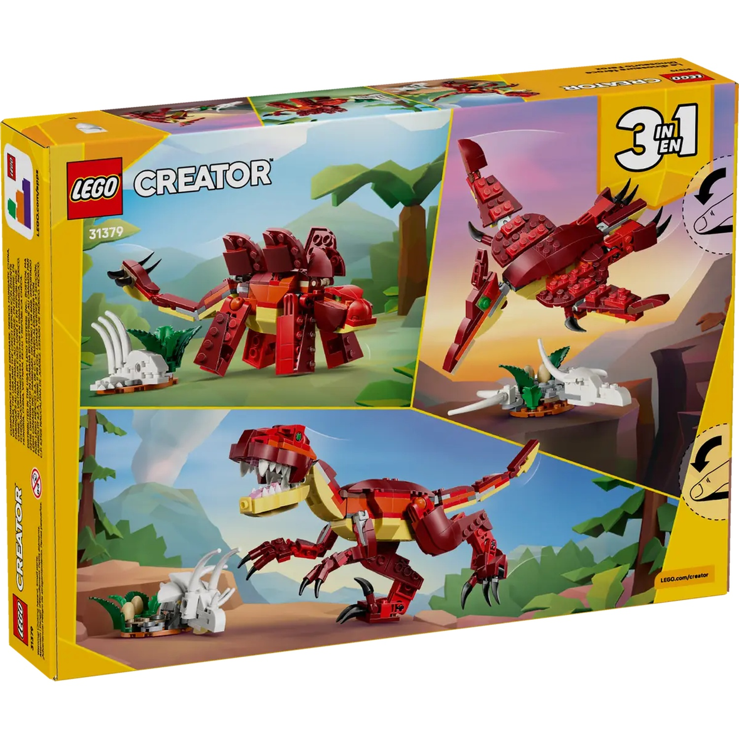 Lego Creator doos met 3 dinosaurusmodellen. Rode, gele en bruine Lego dinosaurussen worden getoond tegen een landschappelijke achtergrond.