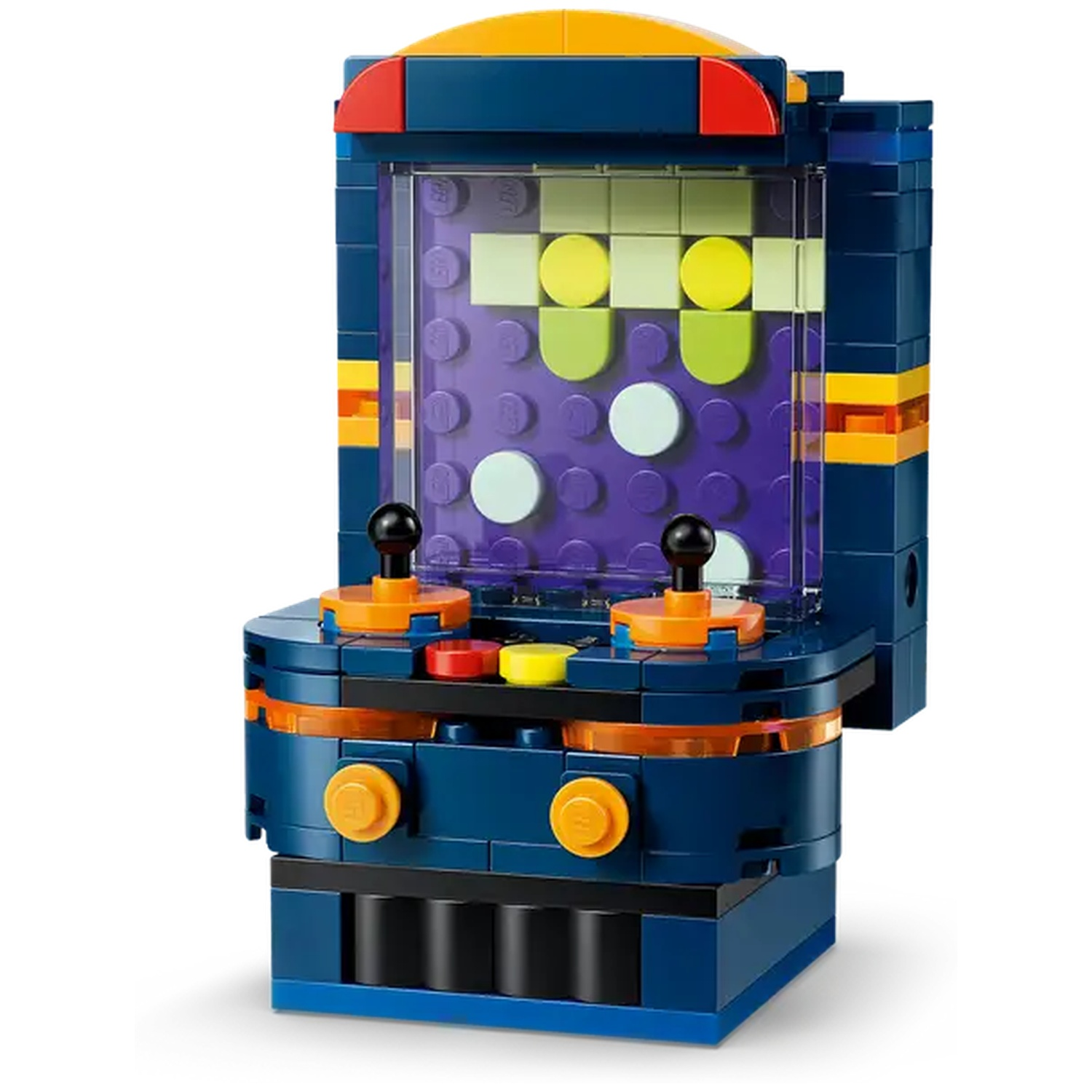 A Lego arcade machine with a purple screen displaying colorful blocks. It has joysticks and buttons, built of blue, yellow, and red bricks.
