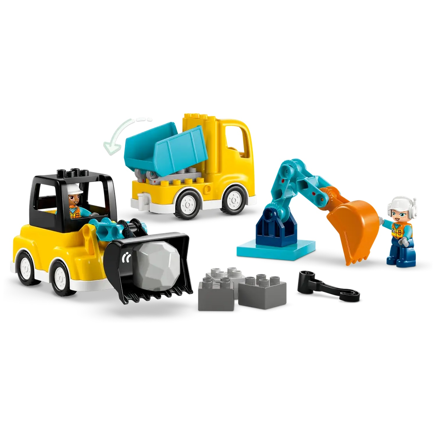Un ensemble de construction comprenant des camions jaunes, une pelle et des ouvriers du bâtiment. Il y a aussi des blocs gris et un outil noir.