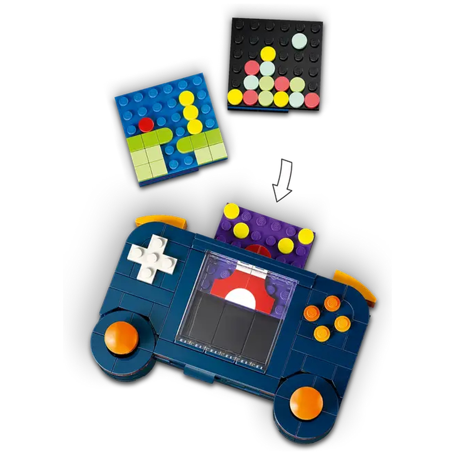 A Lego video game console with colorful buttons and game tiles. The console is blue, with orange and white accents.