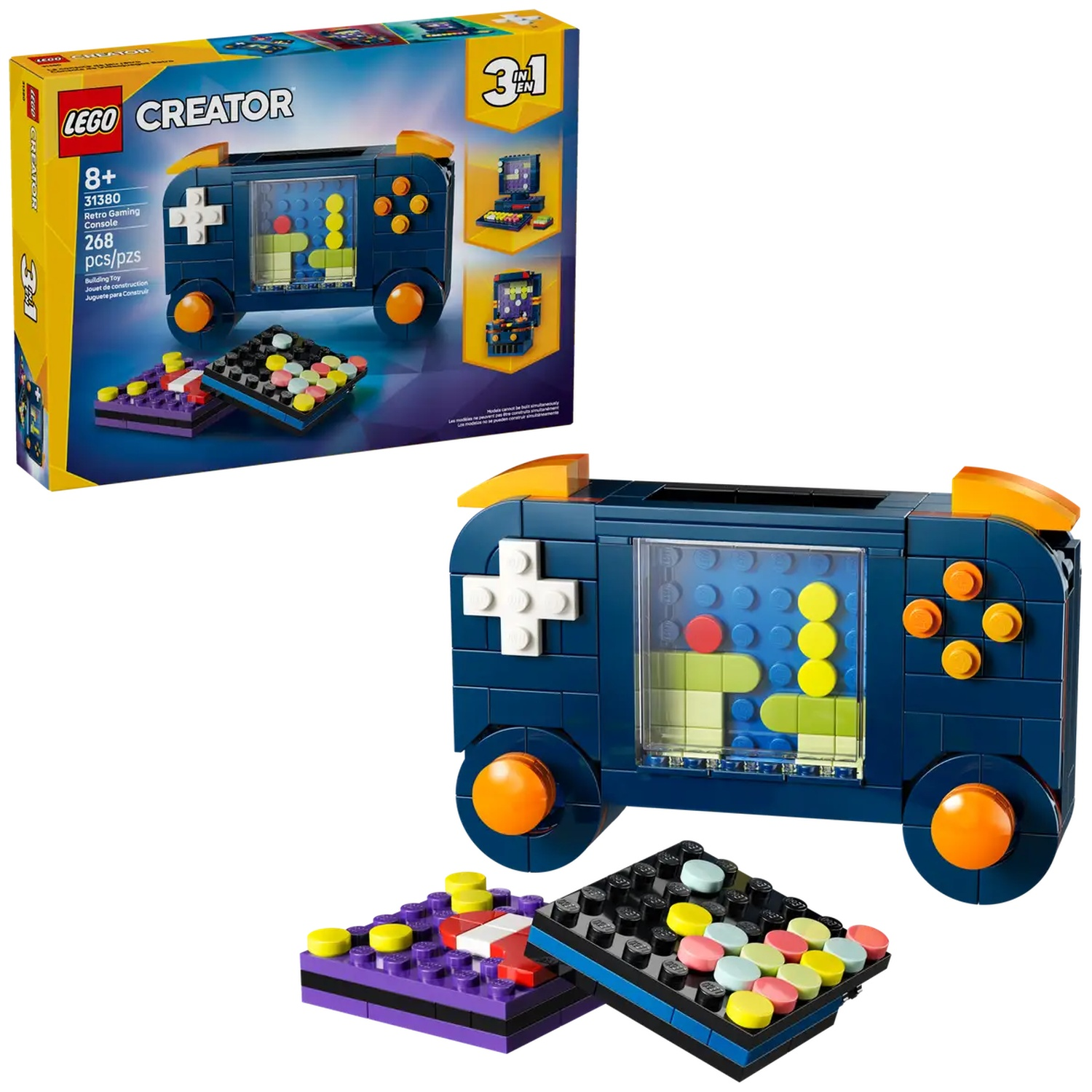 A Lego Creator set. It shows a blue retro gaming console and two small game boards made of colorful Legos.