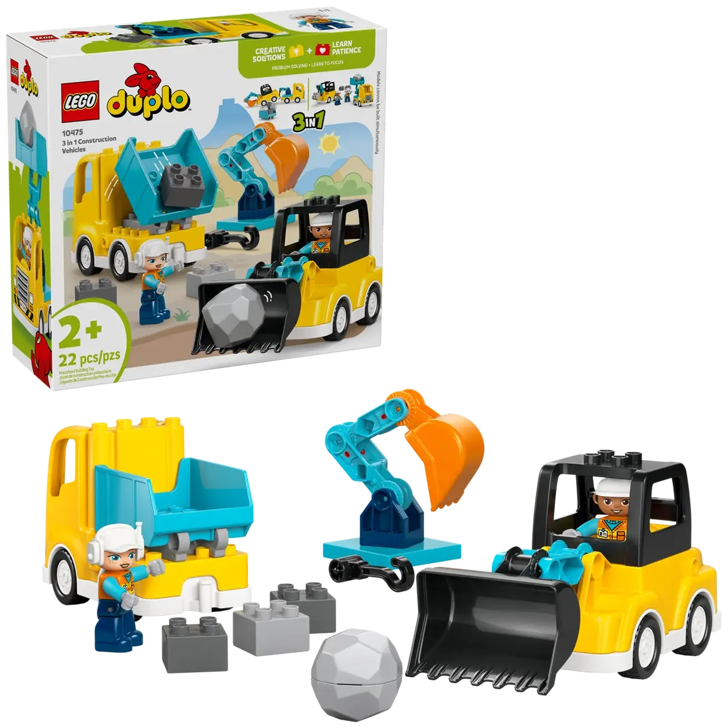 Un ensemble Lego Duplo. La boîte montre un camion jaune, une excavatrice et un bulldozer. Les jouets sont éparpillés en dessous : blocs, figurines et un rocher.
