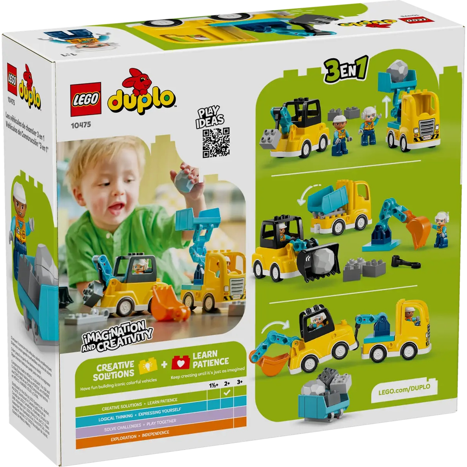 L'illustration de la boîte montre un enfant jouant avec des véhicules de construction Lego Duplo. La boîte affiche également les véhicules et leurs fonctions.