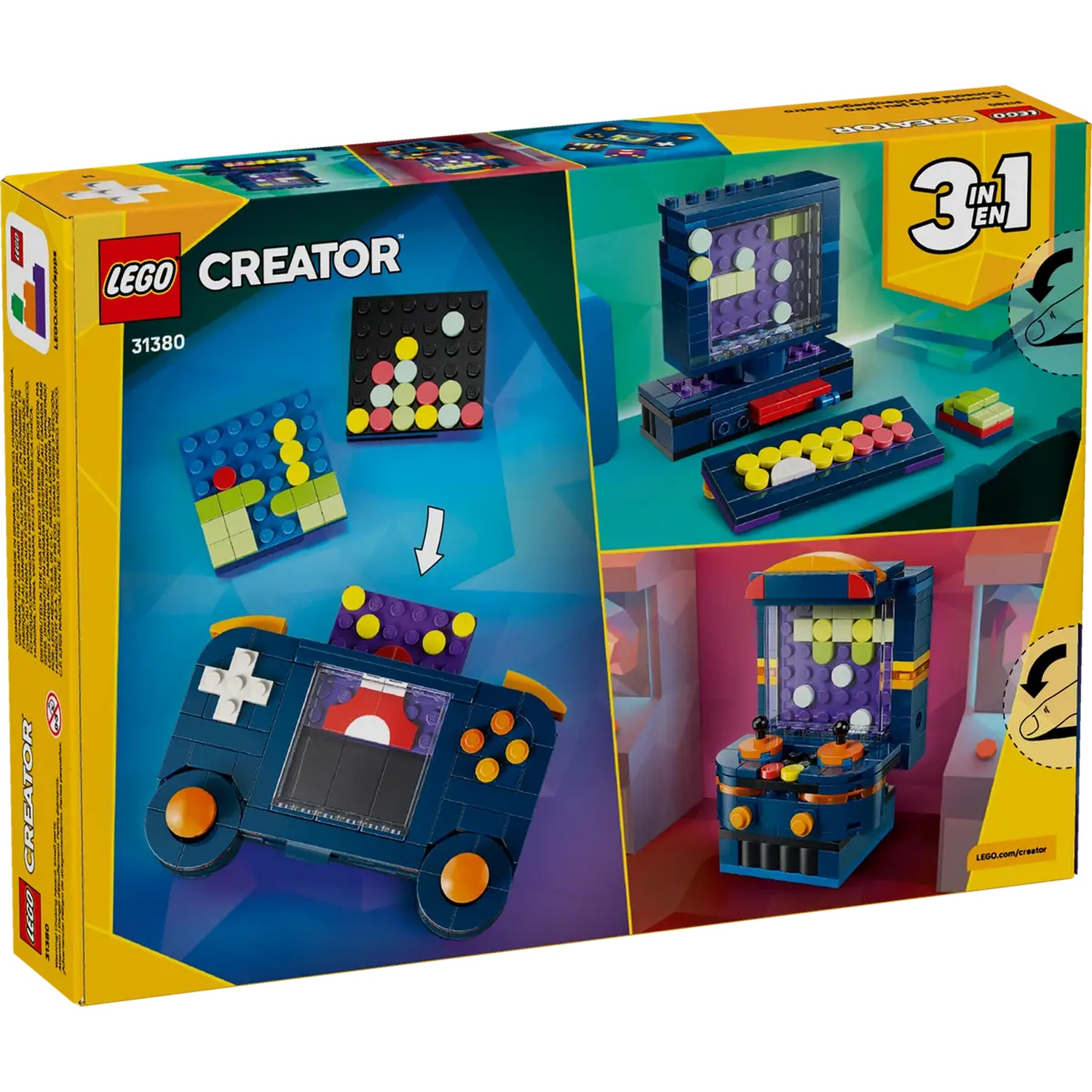 A Lego Creator set box with a dark blue game console, computer, and arcade machine made of Lego bricks.