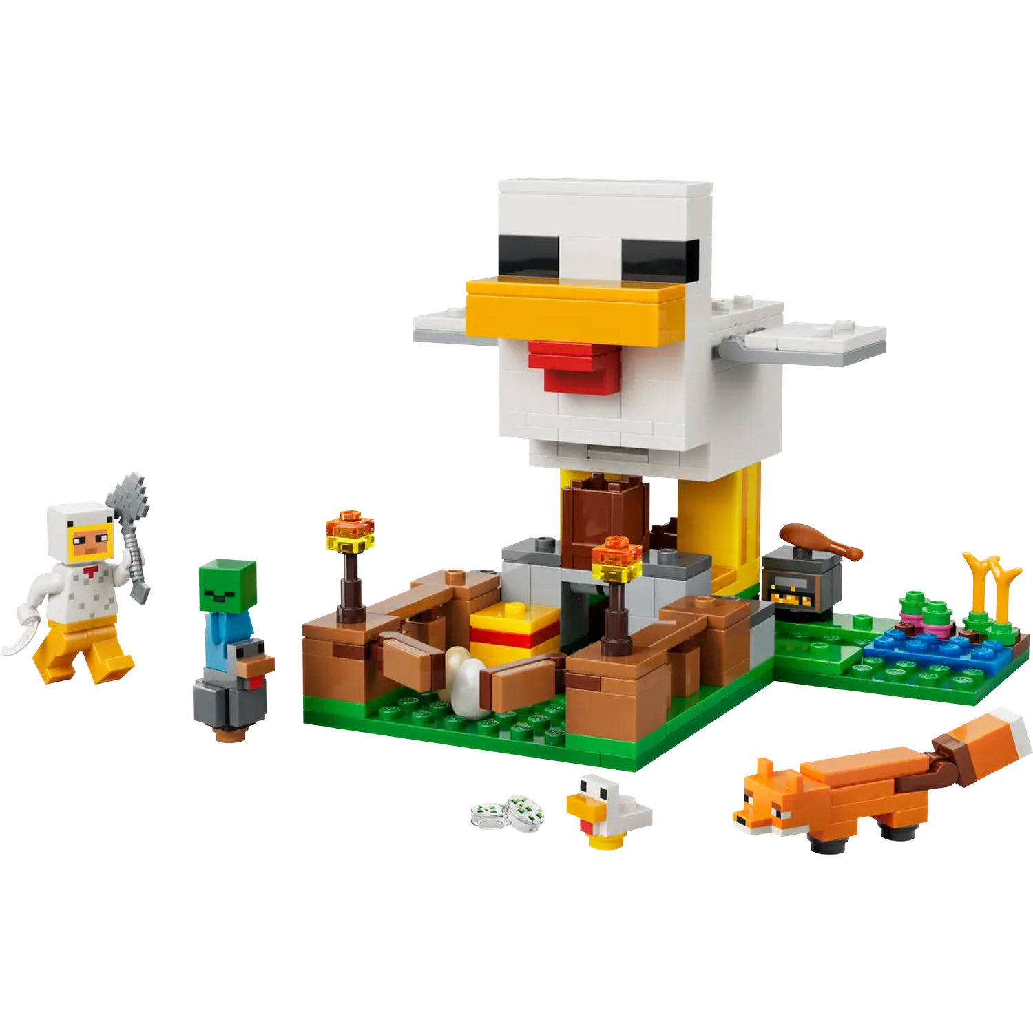Set Lego Minecraft avec une grande structure de poulet, des figurines, un renard et d'autres éléments sur une base verte.
