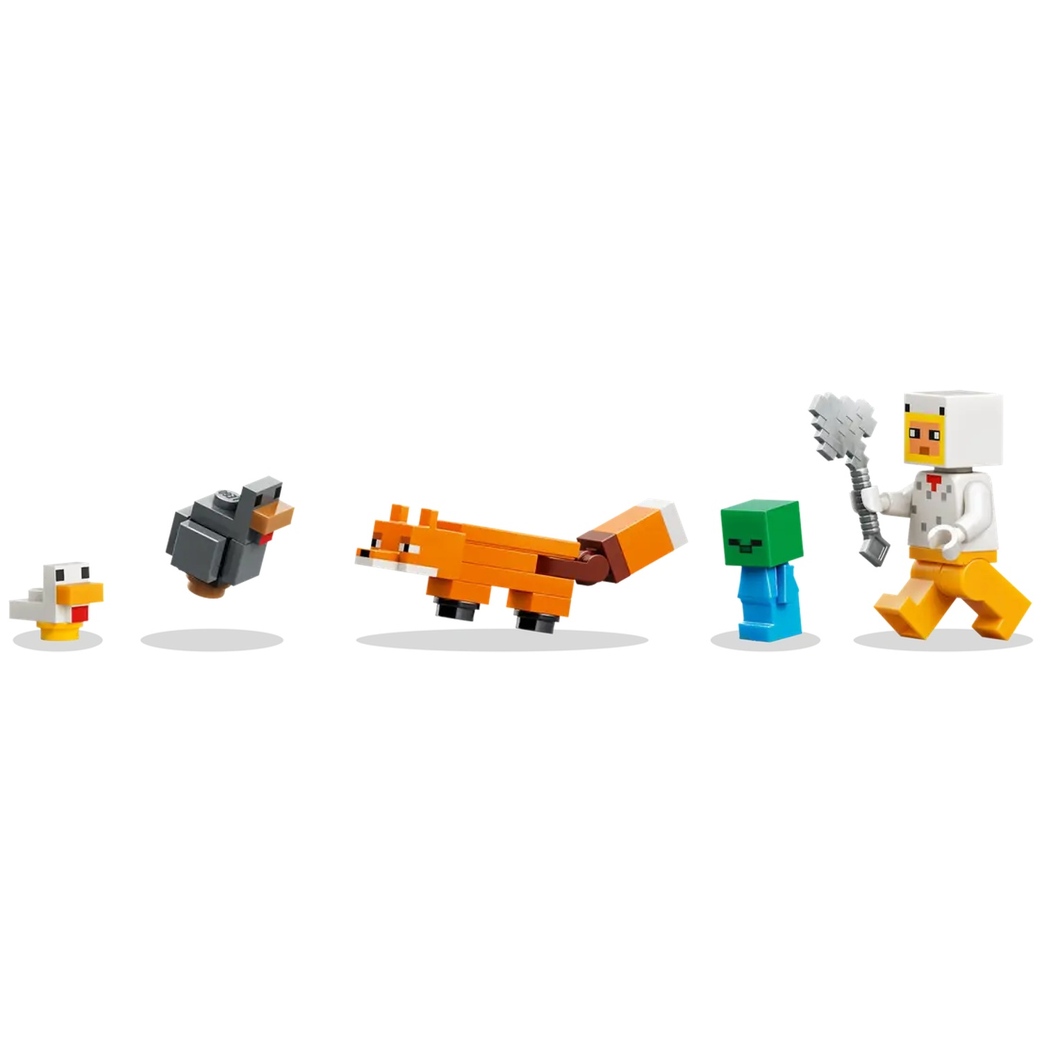 Set Lego Minecraft : poulet, loup, renard, zombie et joueur. Le joueur tient un outil argenté.