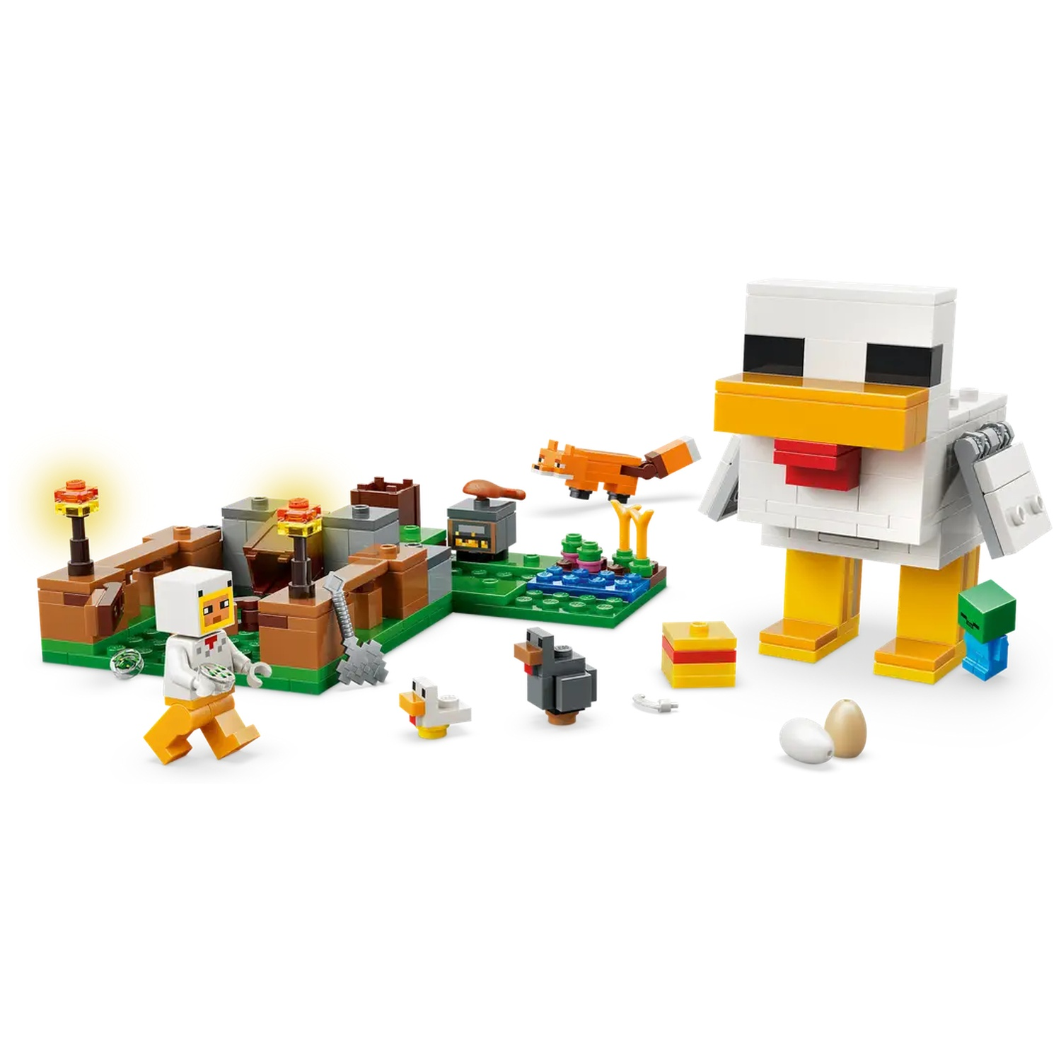 Un ensemble Lego Minecraft représentant une scène de ferme. Il comprend des poulets, un renard, un fermier et diverses structures de ferme. Les couleurs sont vives.