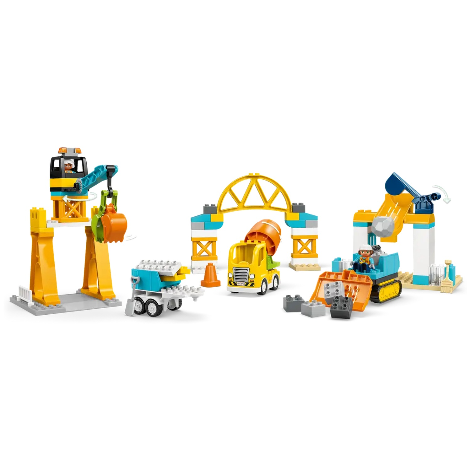 Un ensemble de construction avec des véhicules et structures jouets jaunes, bleus et oranges. Comprend une grue, un camion et un bulldozer.