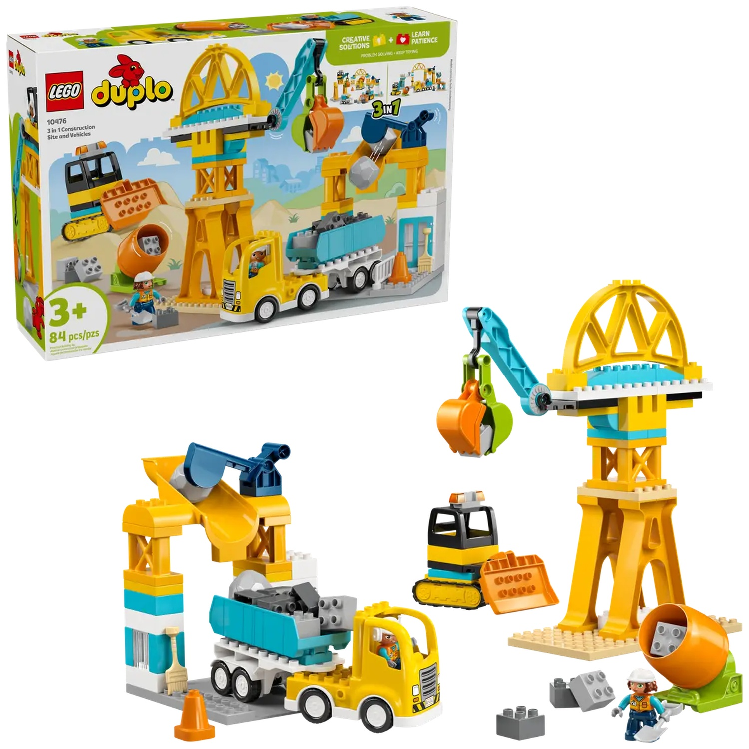 Un ensemble Lego Duplo. Comprend une grue, un camion, un bulldozer, une bétonnière et des ouvriers. Couleurs jaune, bleu et orange vif.