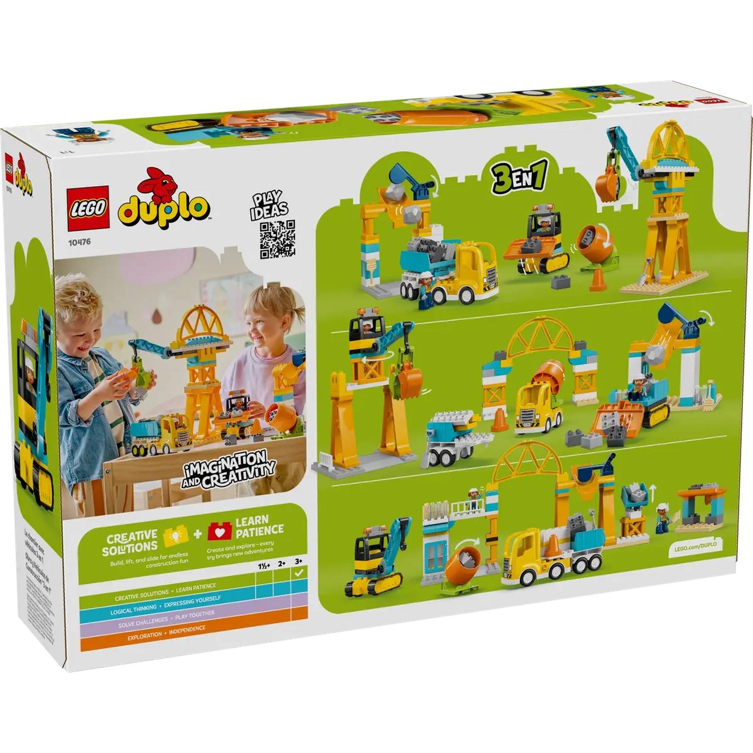 Une boîte Lego Duplo avec des enfants jouant avec des jouets de construction, des grues, des camions et des blocs. La boîte affiche les caractéristiques.