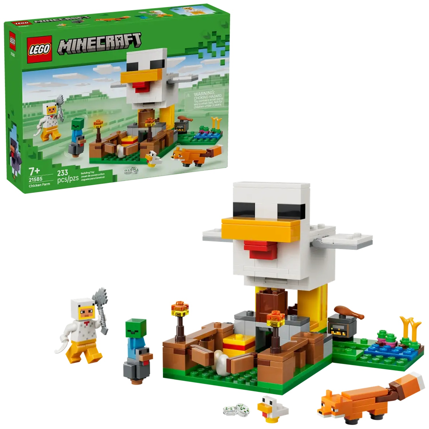 Un ensemble Lego Minecraft Chicken Farm. Il montre une grande structure de poulet, des personnages, un renard et d'autres éléments de construction sur une base verte.