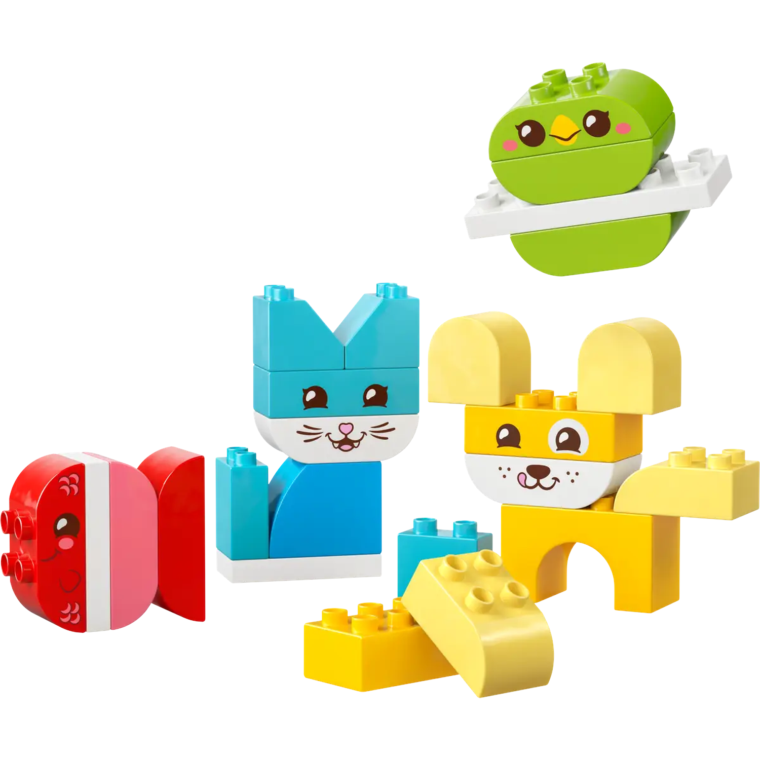 Figures d'animaux Lego colorées : un oiseau, un chat, un poisson et un chien. Chaque figurine est faite de blocs de couleurs différentes et a un visage souriant.