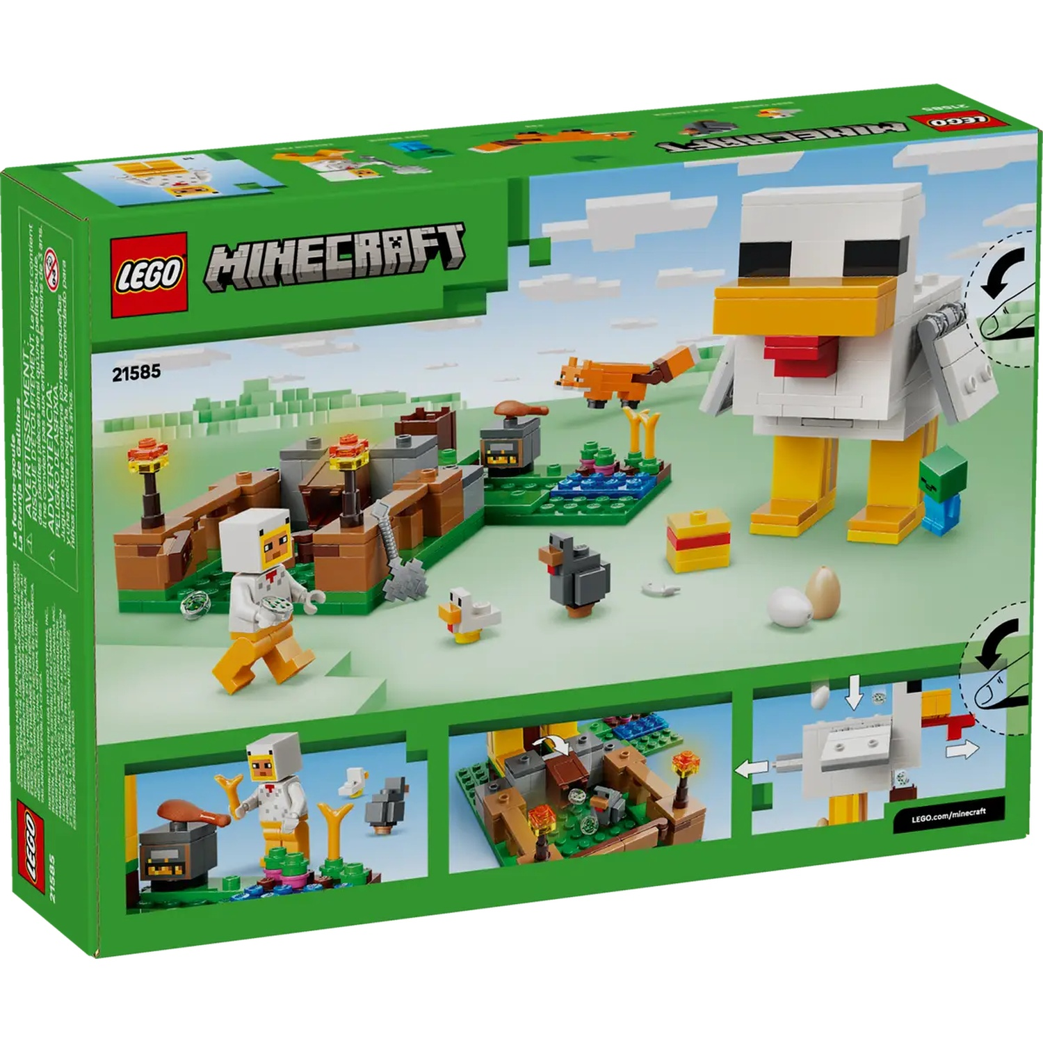 Boîte Lego Minecraft avec figurine de poulet, autres personnages, structures et accessoires. Boîte verte avec logos Lego et Minecraft.