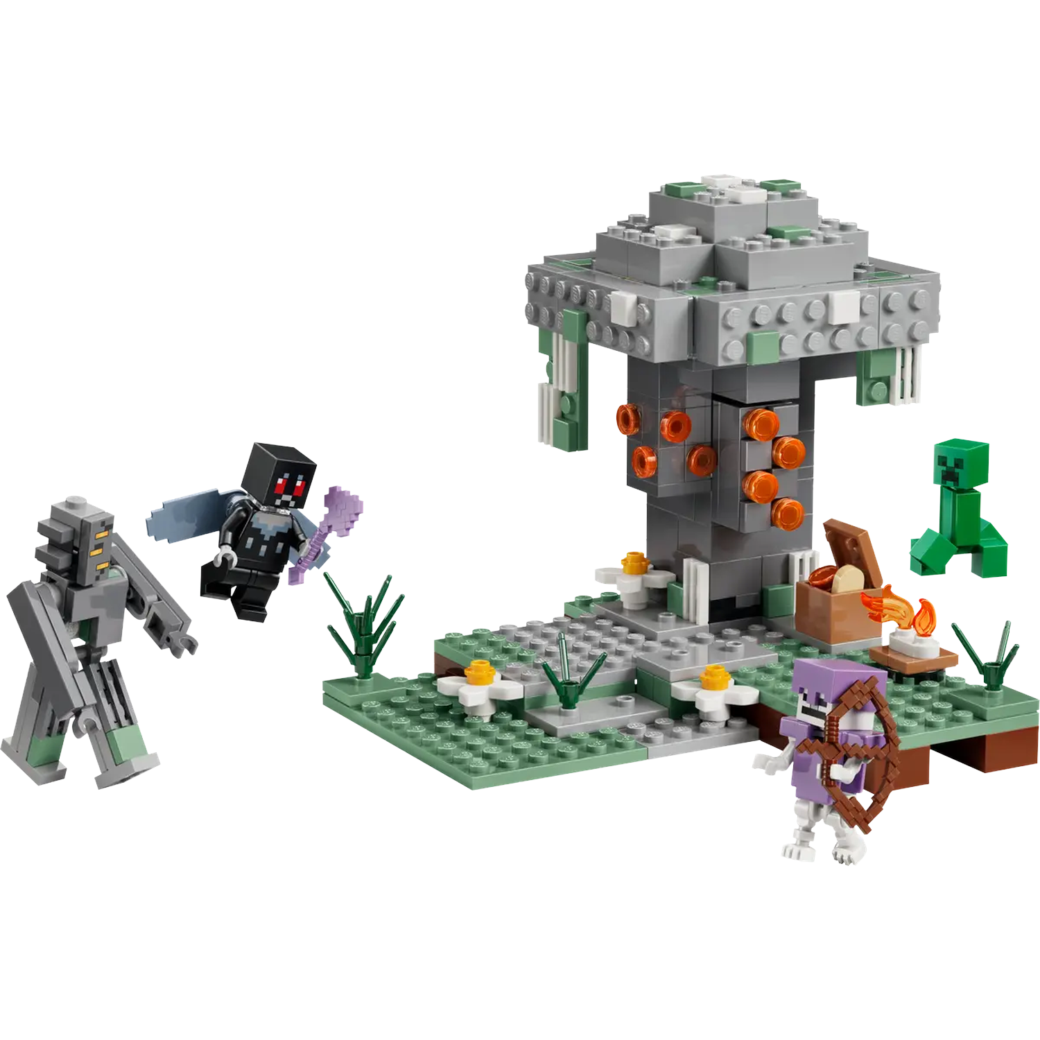 Ensemble Lego Minecraft avec un arbre, des personnages et un coffre avec du feu.