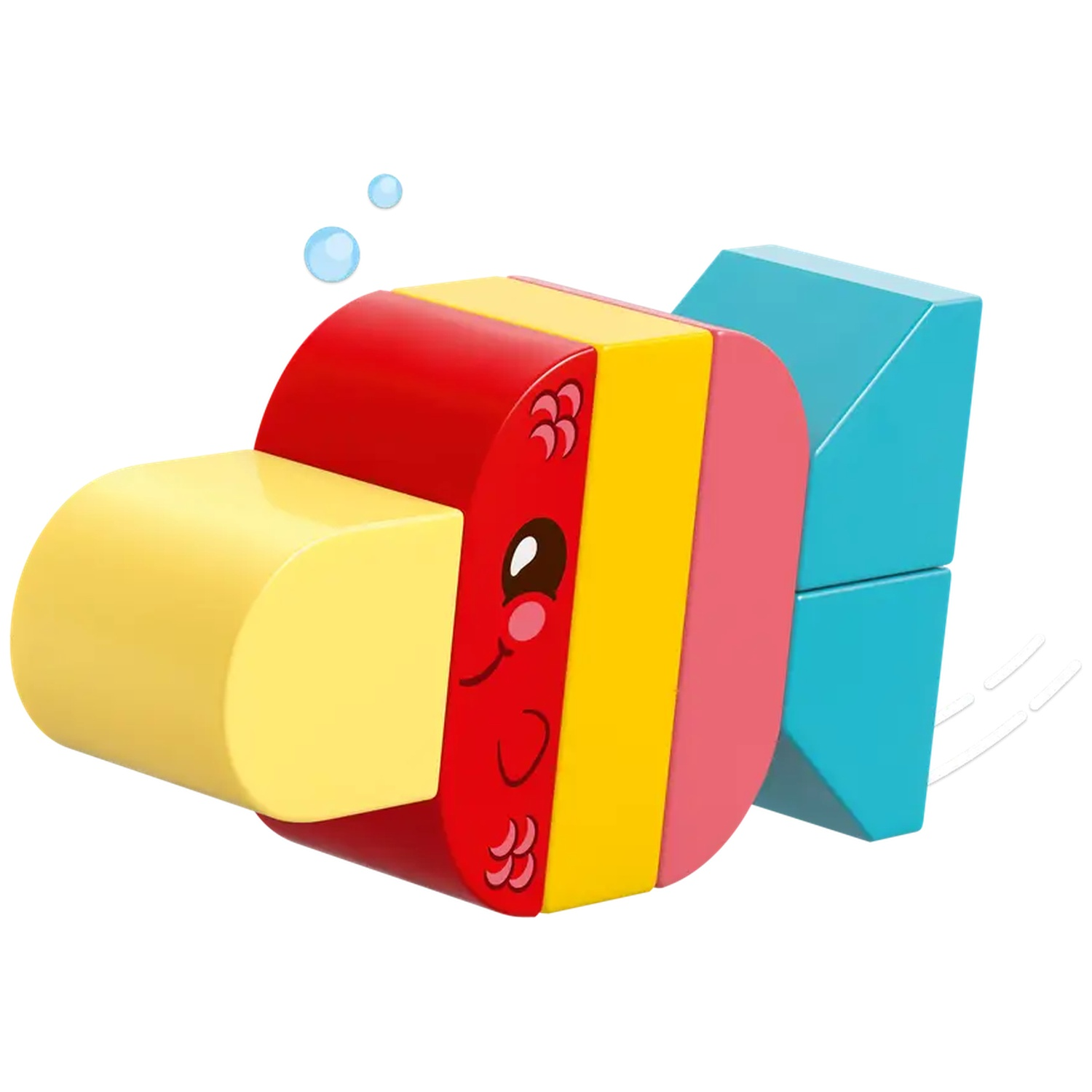 Un jouet de poisson coloré fait de blocs. Il a des parties rouges, jaunes, roses et bleues. Il sourit et a des bulles.
