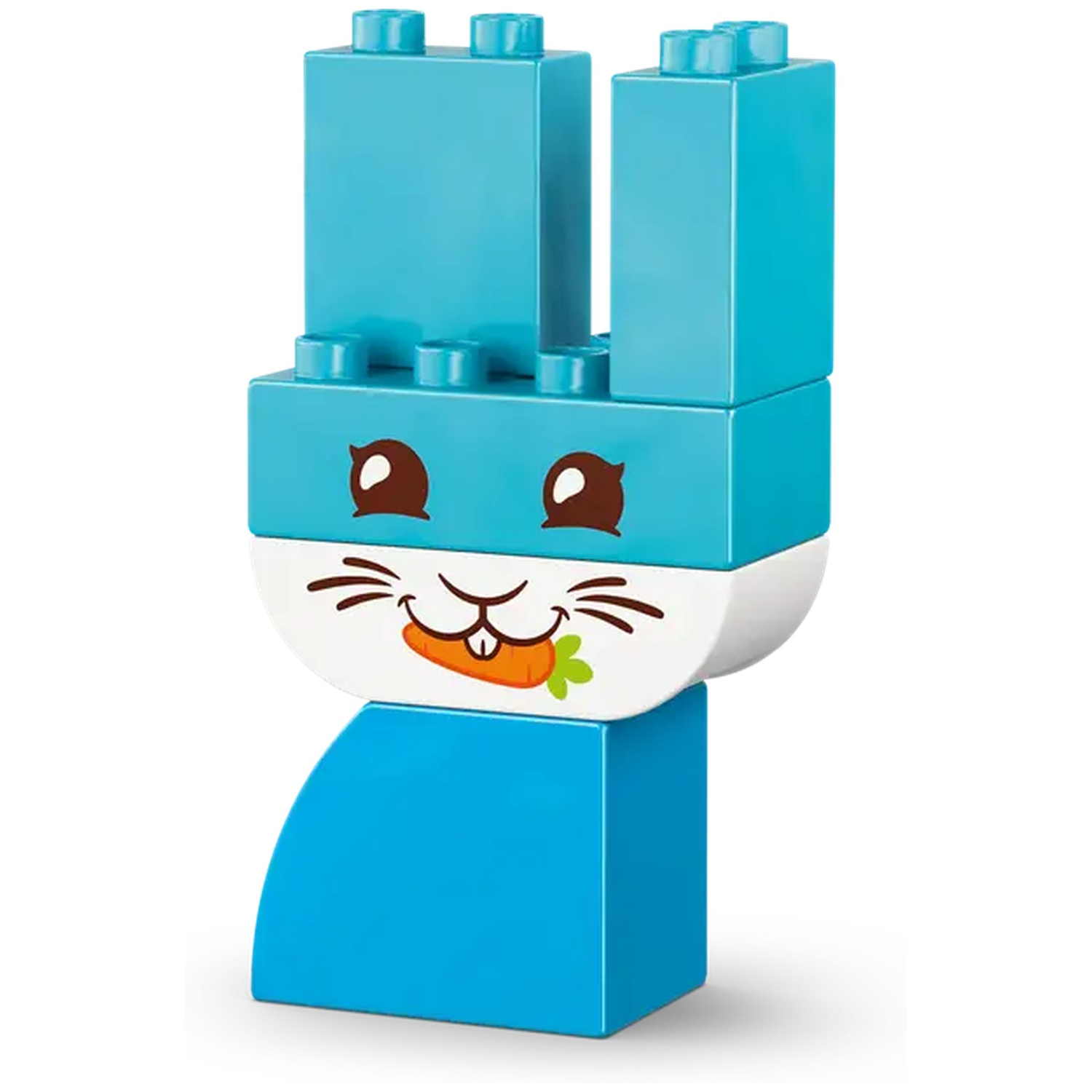 Un lapin Lego bleu et blanc. Il a des yeux marron et une carotte. Le lapin est fait de blocs.