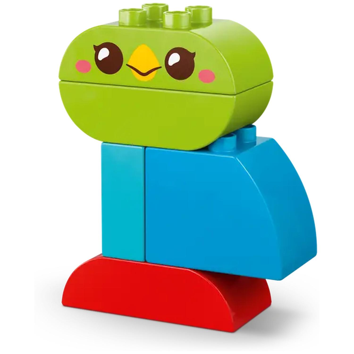 Un jouet oiseau fait de blocs. Il a une tête verte avec des yeux et un bec, un corps bleu et une base rouge.