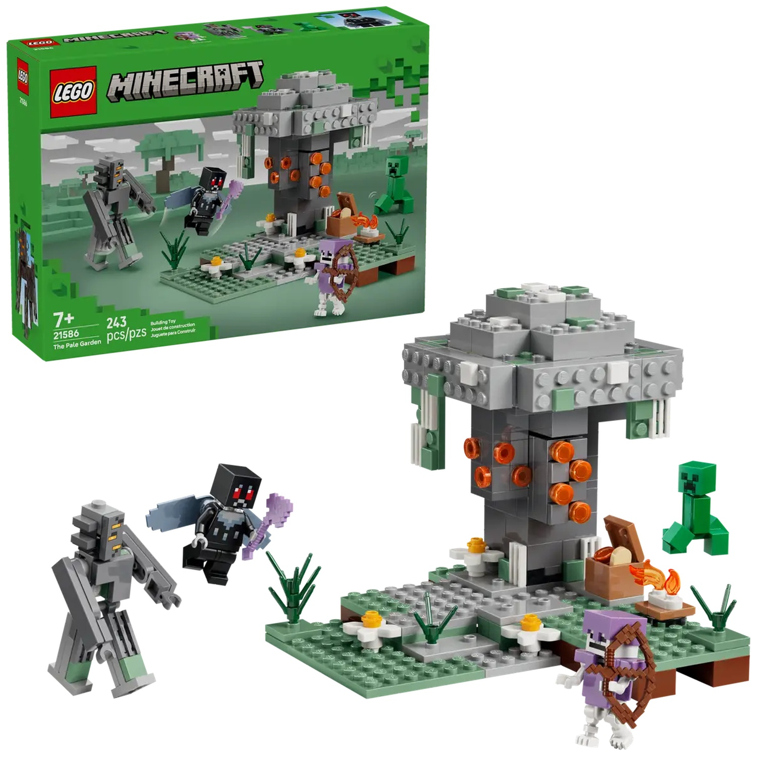 Ensemble LEGO Minecraft. Comprend des figurines, un arbre et d'autres éléments de paysage. Une boîte verte avec le nom de l'ensemble est également dans l'image.