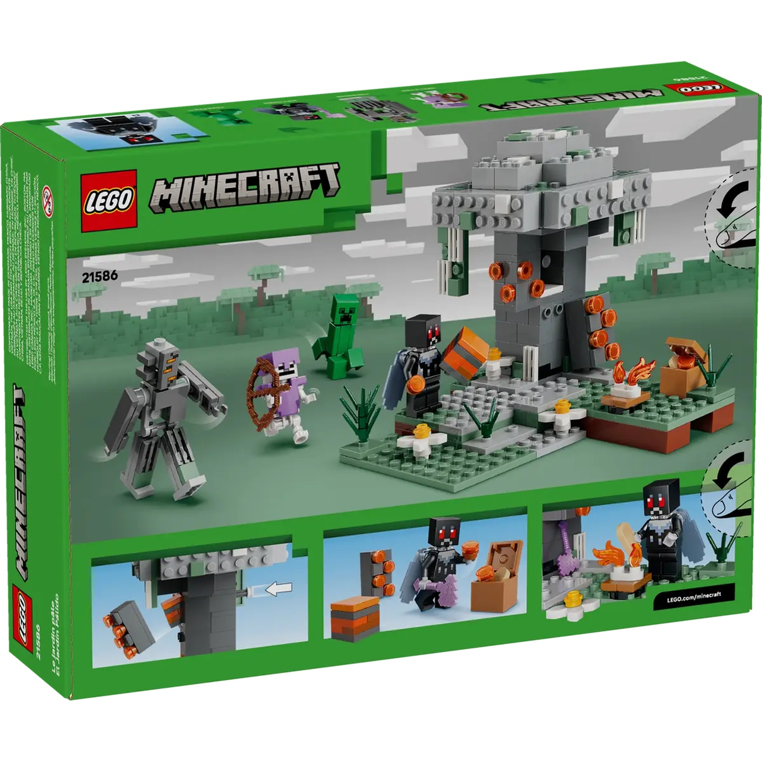 Boîte du set Lego Minecraft. Personnages, arbre et paysage sont affichés. La boîte est verte avec les logos Lego et Minecraft.