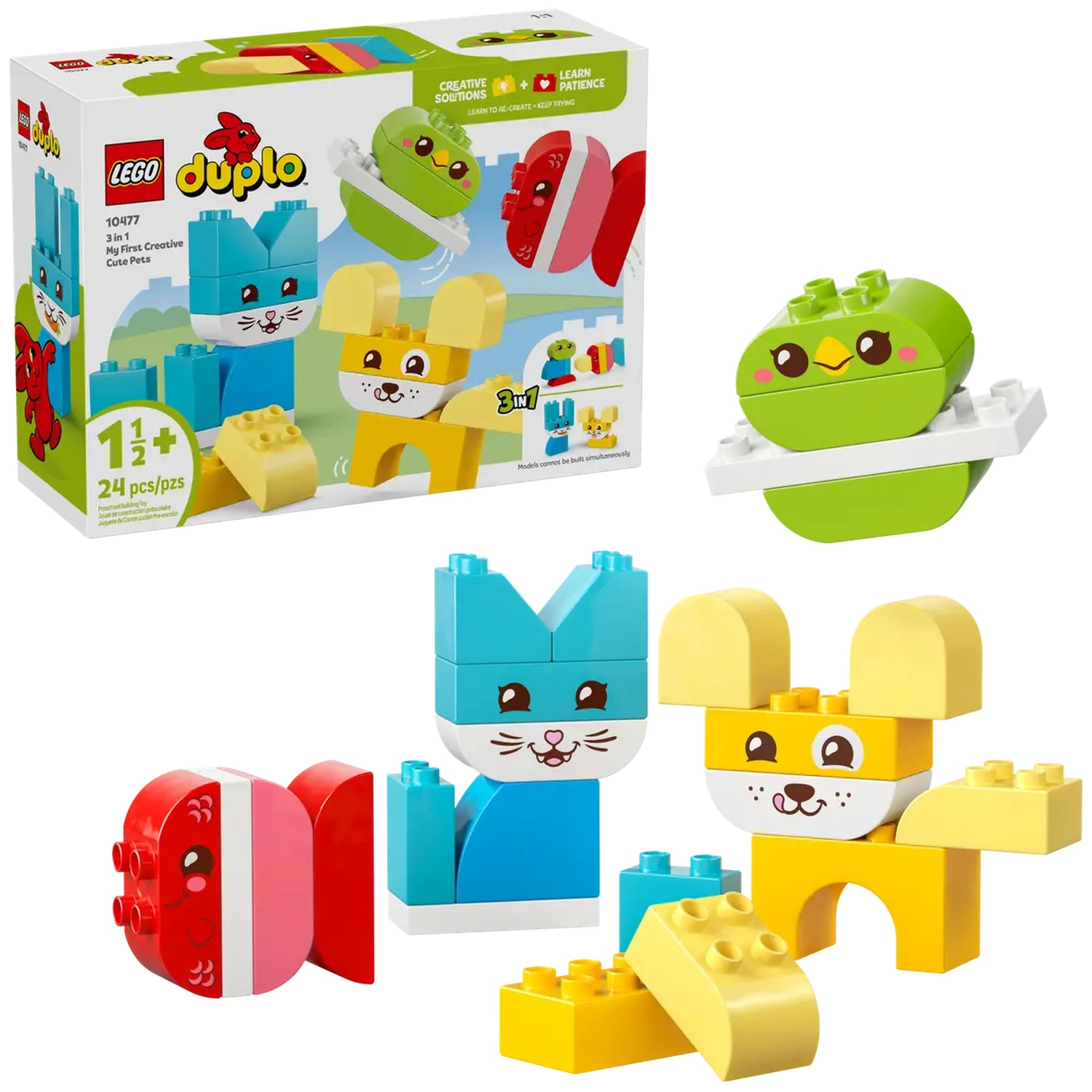 L'image montre une boîte LEGO Duplo avec des constructions d'animaux. Il y a des images d'un lapin, d'un oiseau et d'un poisson faits de blocs.