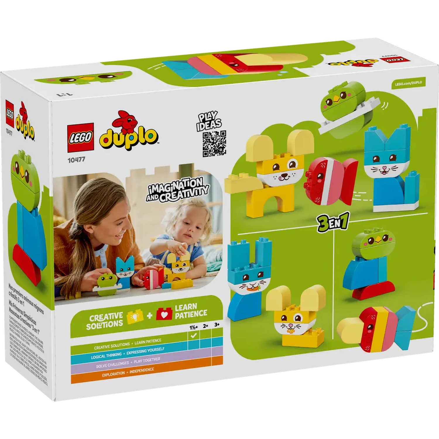 Une boîte Lego Duplo représentant une femme et un enfant jouant avec des blocs en forme d'animaux. La boîte affiche le nom et les blocs.