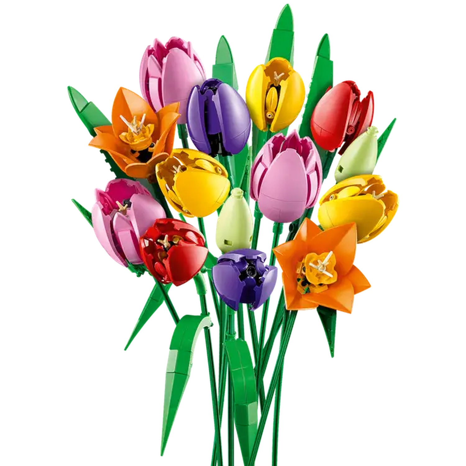 Een boeket van kleurrijke Lego-tulpen, narcissen en knoppen met groene stelen en bladeren op een witte achtergrond.