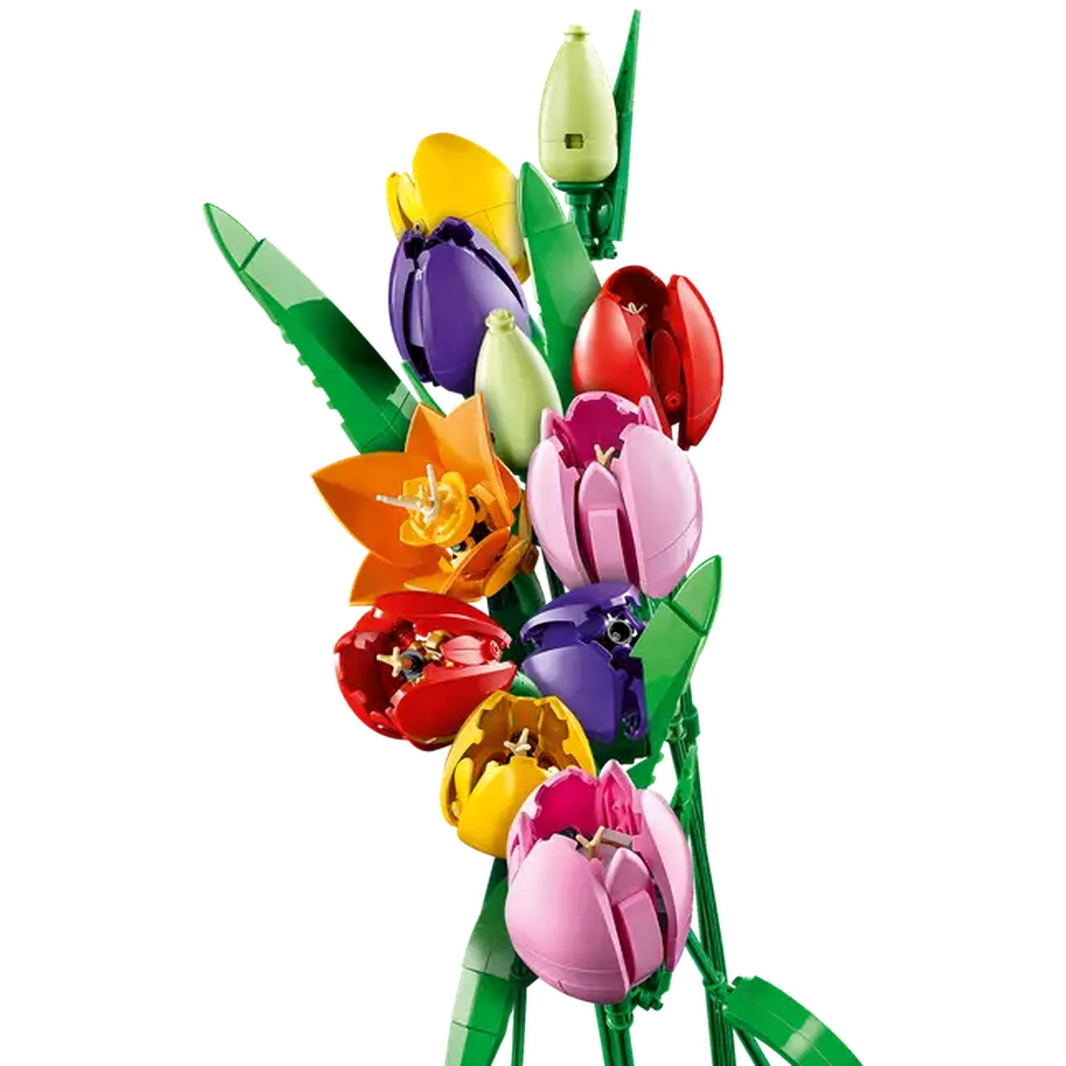 Een boeket Lego-tulpen in verschillende kleuren: geel, paars, oranje, rood en roze, met groene stelen en bladeren tegen een witte achtergrond.