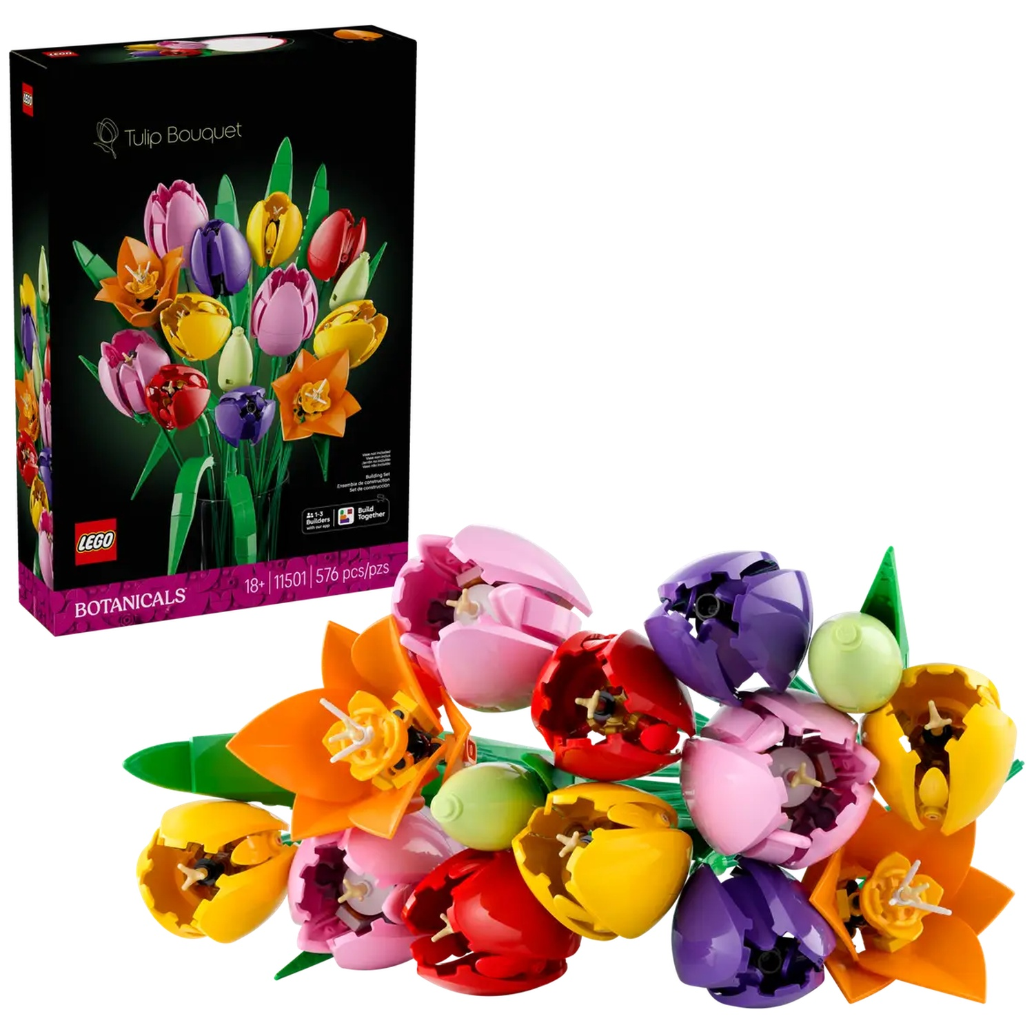 Een Lego Tulip Bouquet set. De set bevat kleurrijke tulpen, groene bladeren en een doos met de naam en het logo van de set.