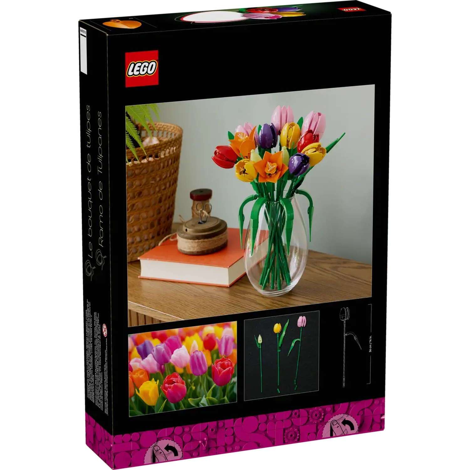 Doos met Lego-tulpen. De voorkant toont een boeket in een vaas. Andere foto's tonen individuele tulpen en een tulpenveld.